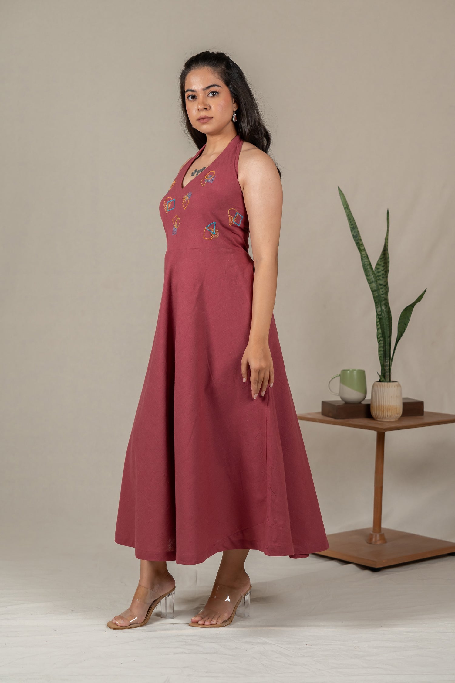 Muted Pink Handloom Halter-Neck Dress with Hand Embroidery – Suchi