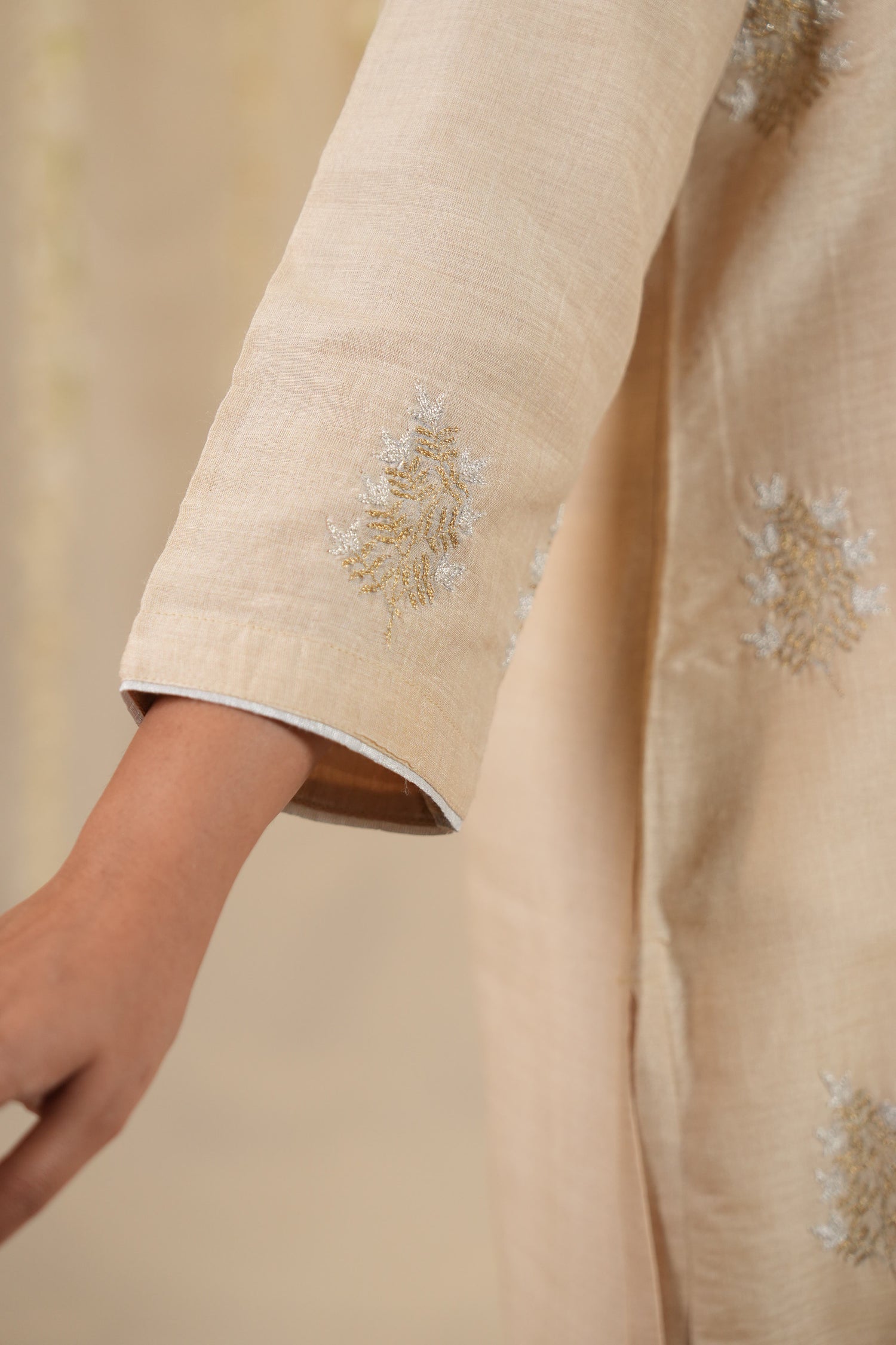 Ek Dor Cream Muga Silk Kurta with Machine Embroidery