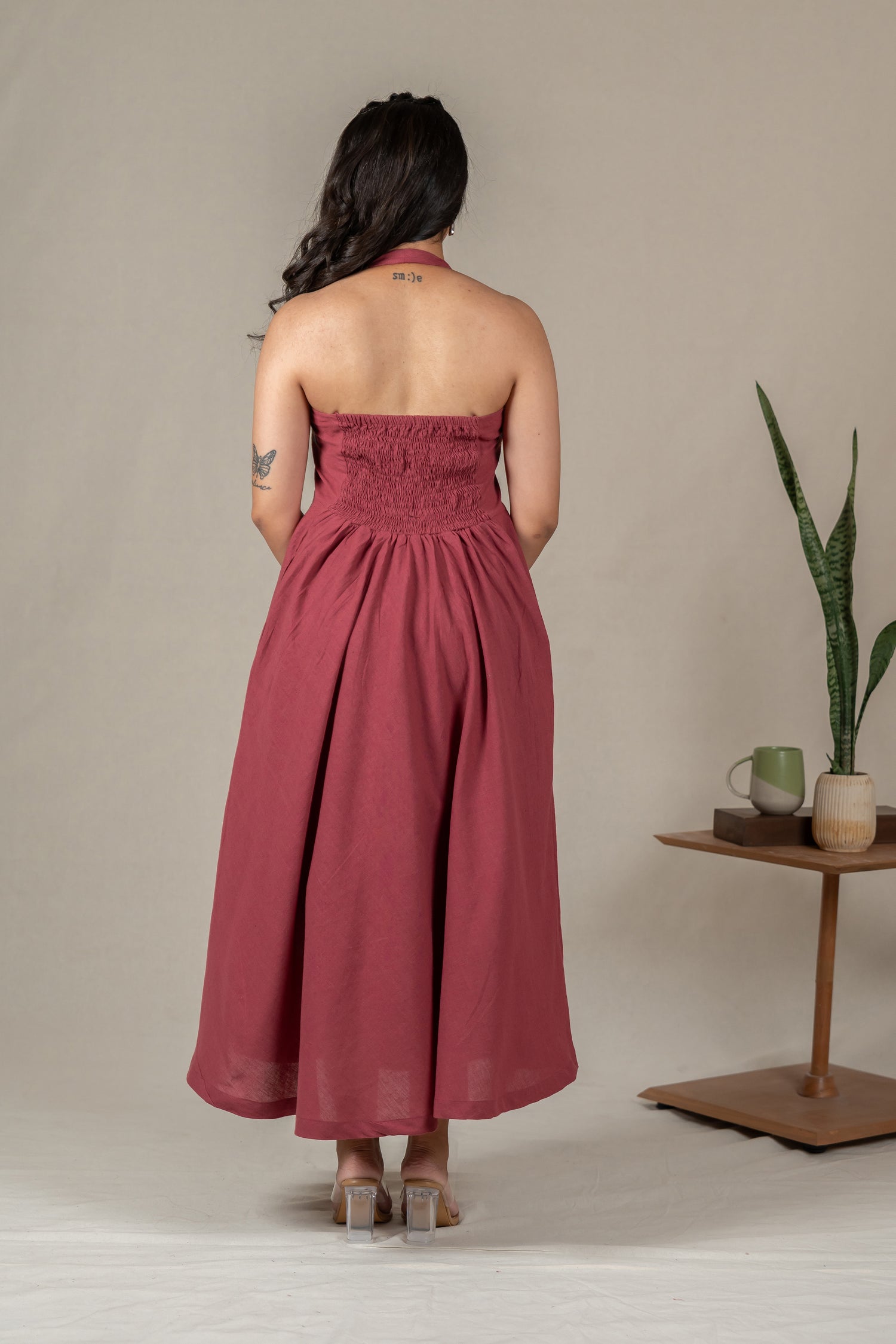 Muted Pink Handloom Halter-Neck Dress with Hand Embroidery – Suchi