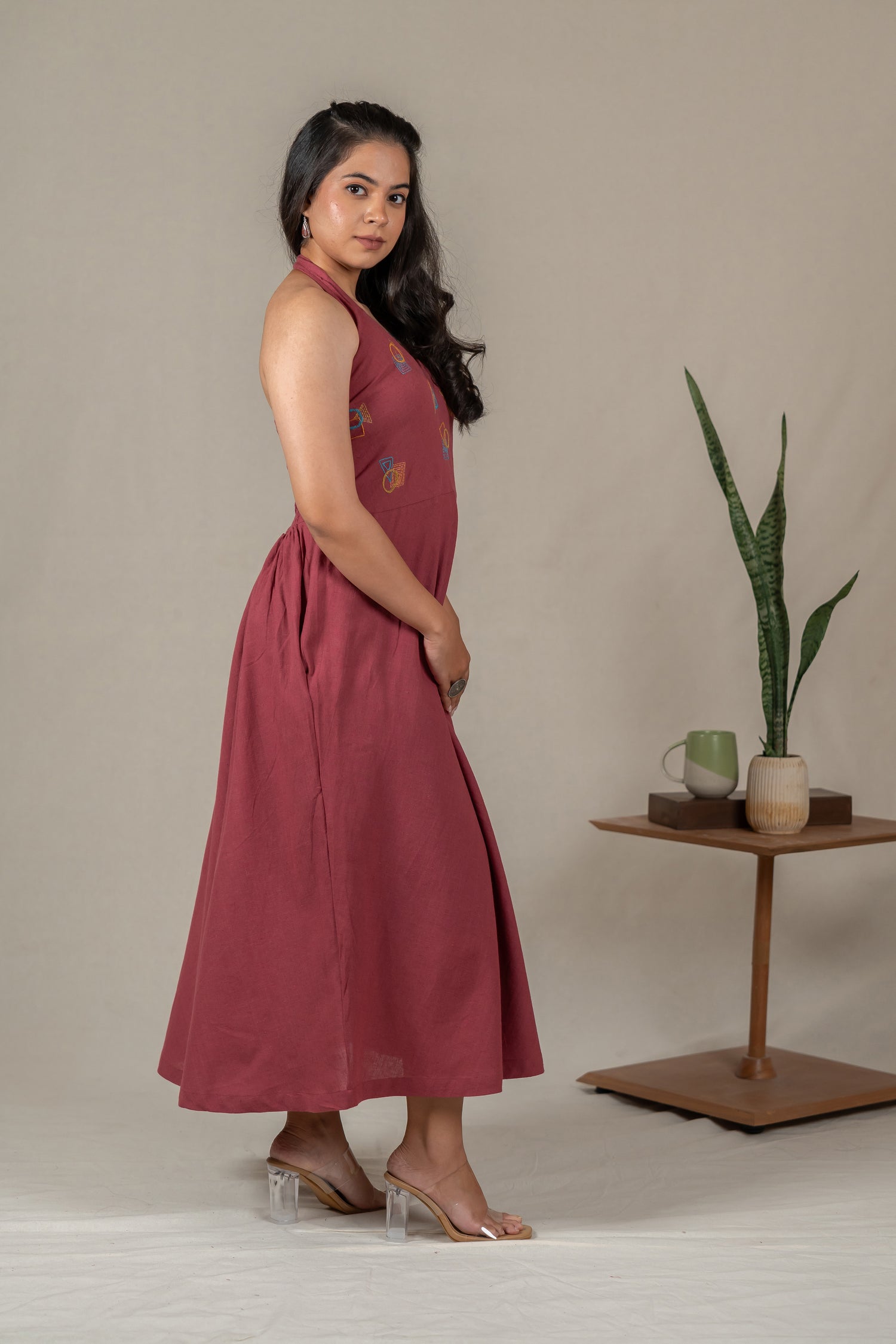 Muted Pink Handloom Halter-Neck Dress with Hand Embroidery – Suchi