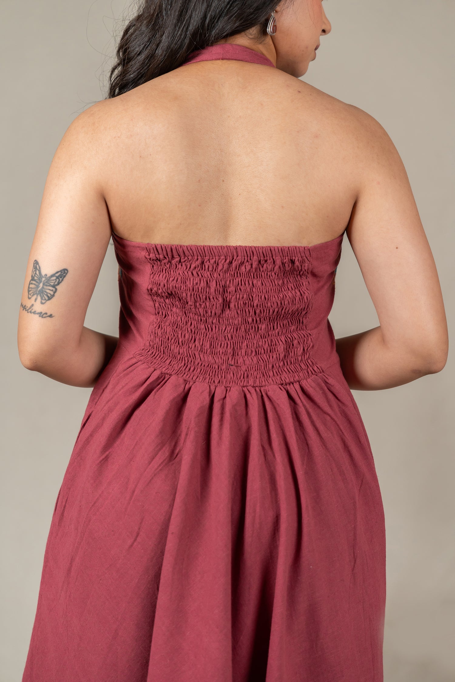 Muted Pink Handloom Halter-Neck Dress with Hand Embroidery – Suchi