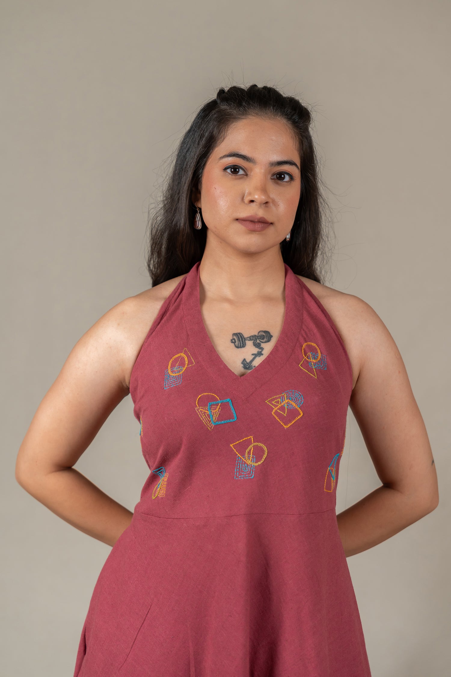 Muted Pink Handloom Halter-Neck Dress with Hand Embroidery – Suchi