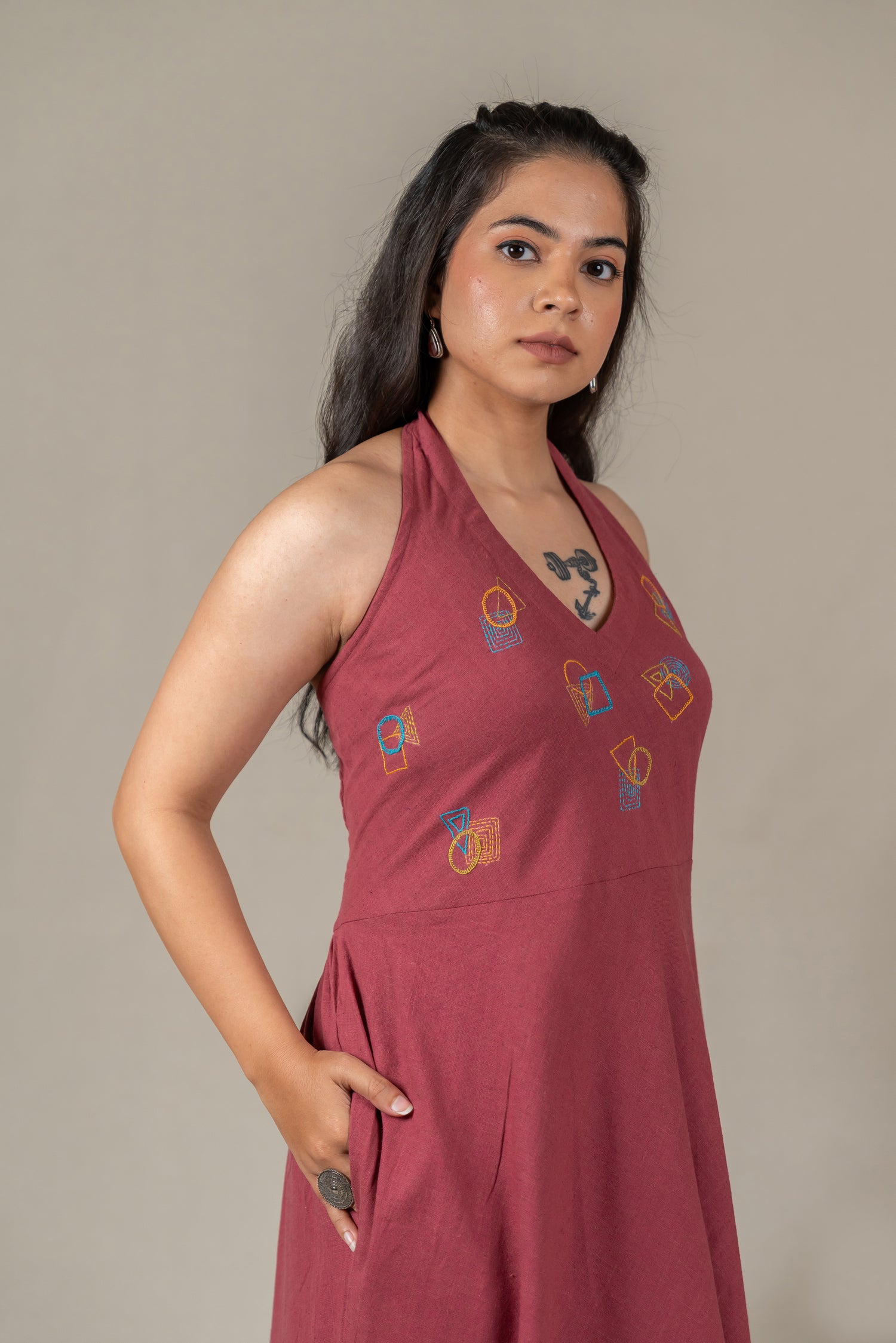 Muted Pink Handloom Halter-Neck Dress with Hand Embroidery – Suchi