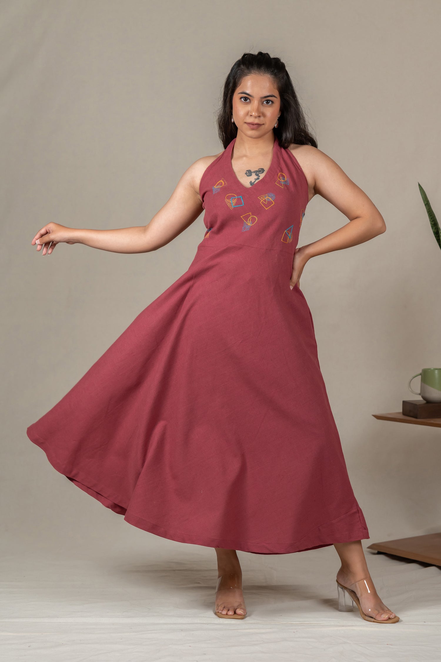 Muted Pink Handloom Halter-Neck Dress with Hand Embroidery – Suchi