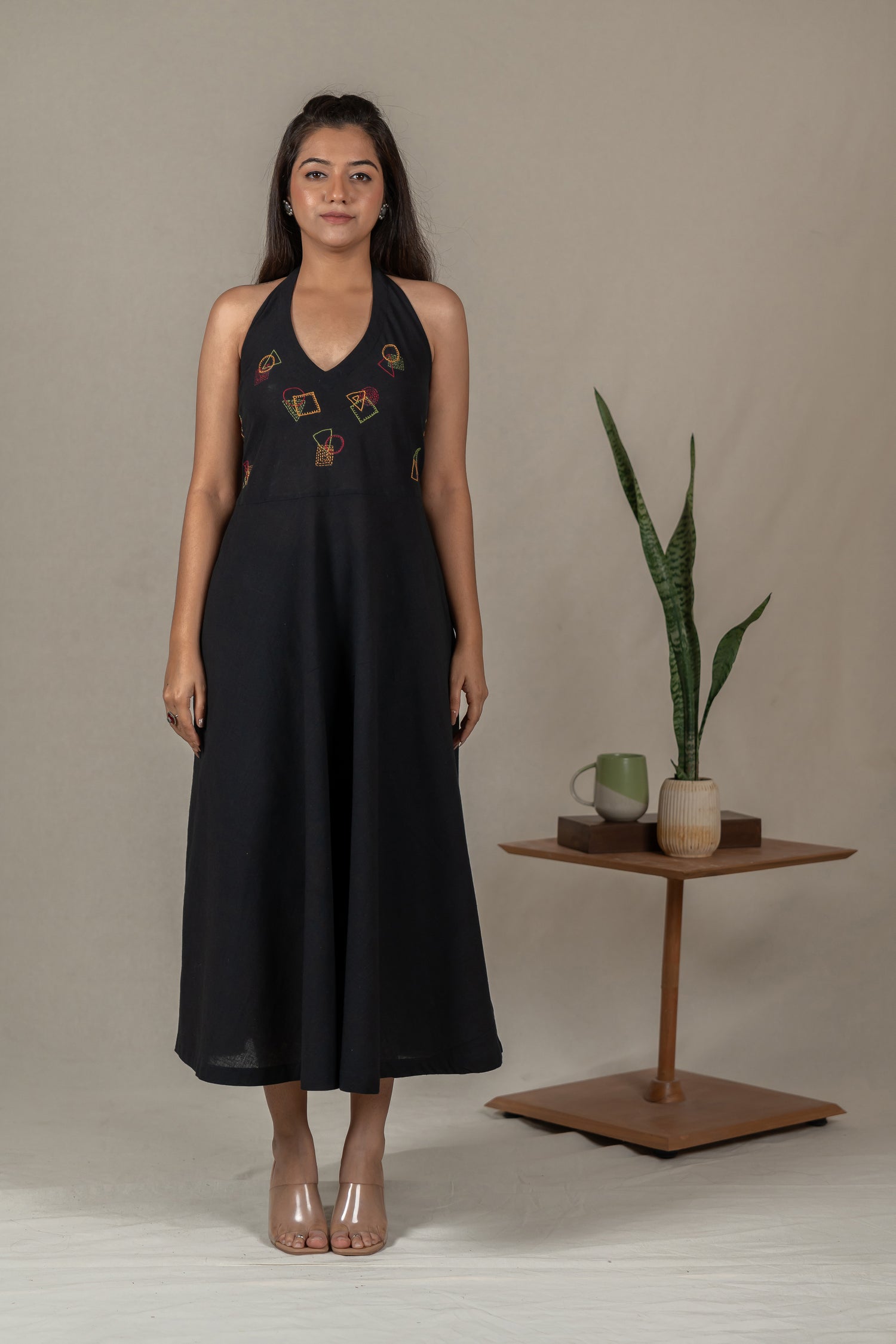 Hand Embroidered Handloom Cotton Halter-Neck Dress in Black – Suchi