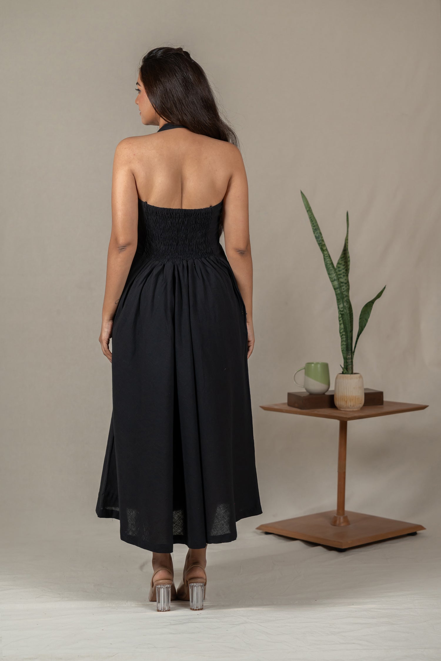 Hand Embroidered Handloom Cotton Halter-Neck Dress in Black – Suchi