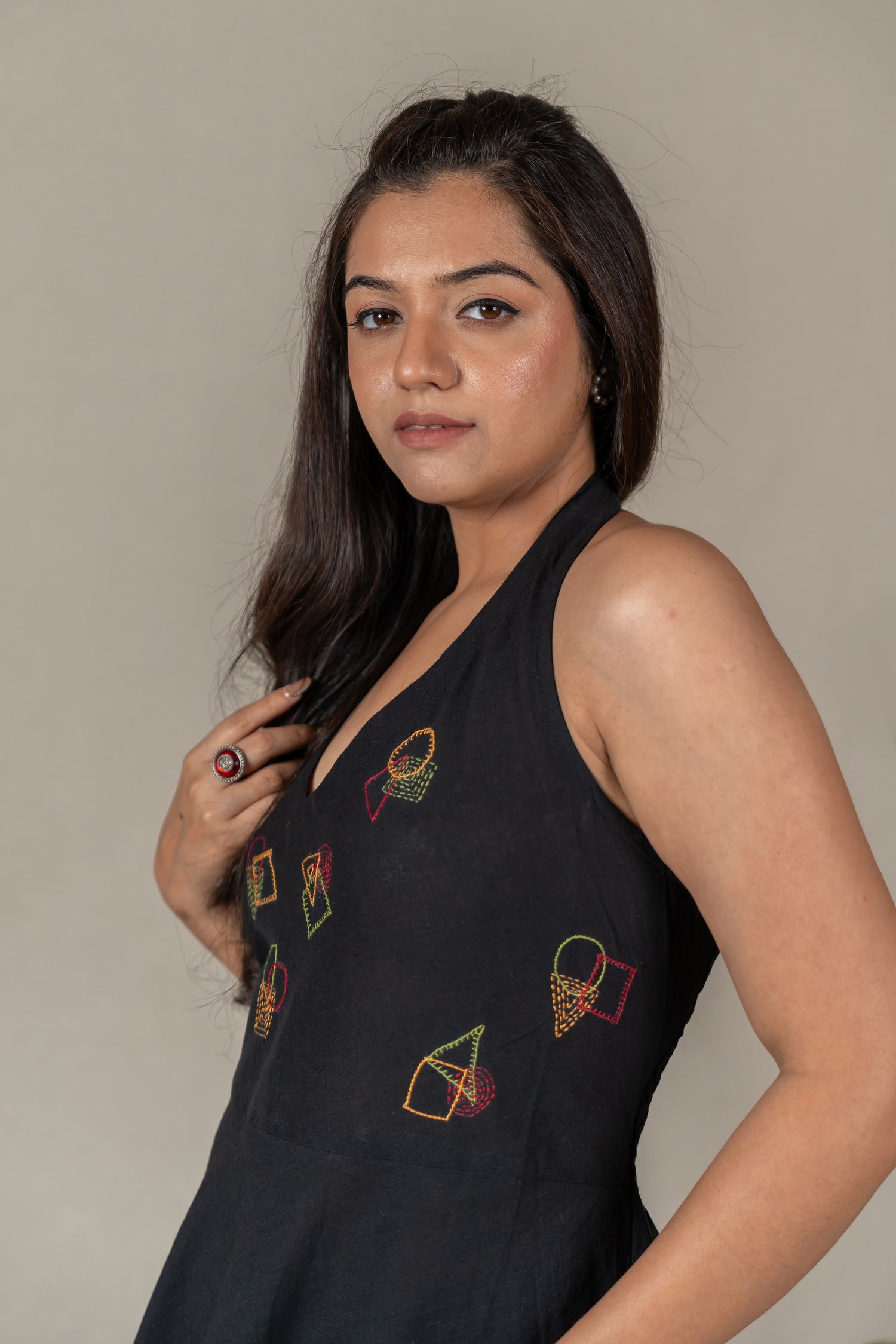 Hand Embroidered Handloom Cotton Halter-Neck Dress in Black – Suchi