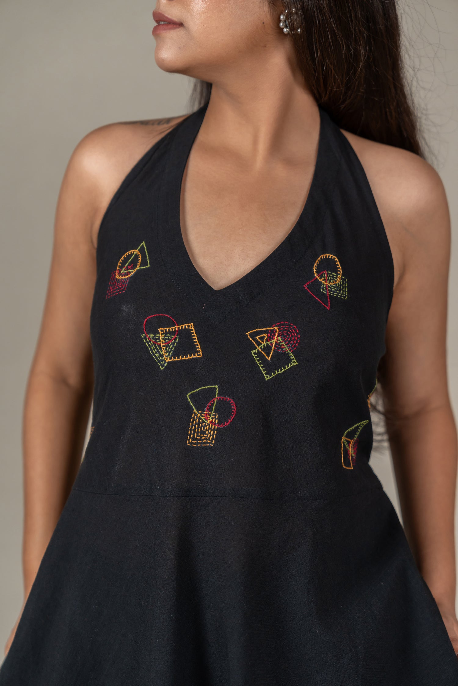Hand Embroidered Handloom Cotton Halter-Neck Dress in Black – Suchi