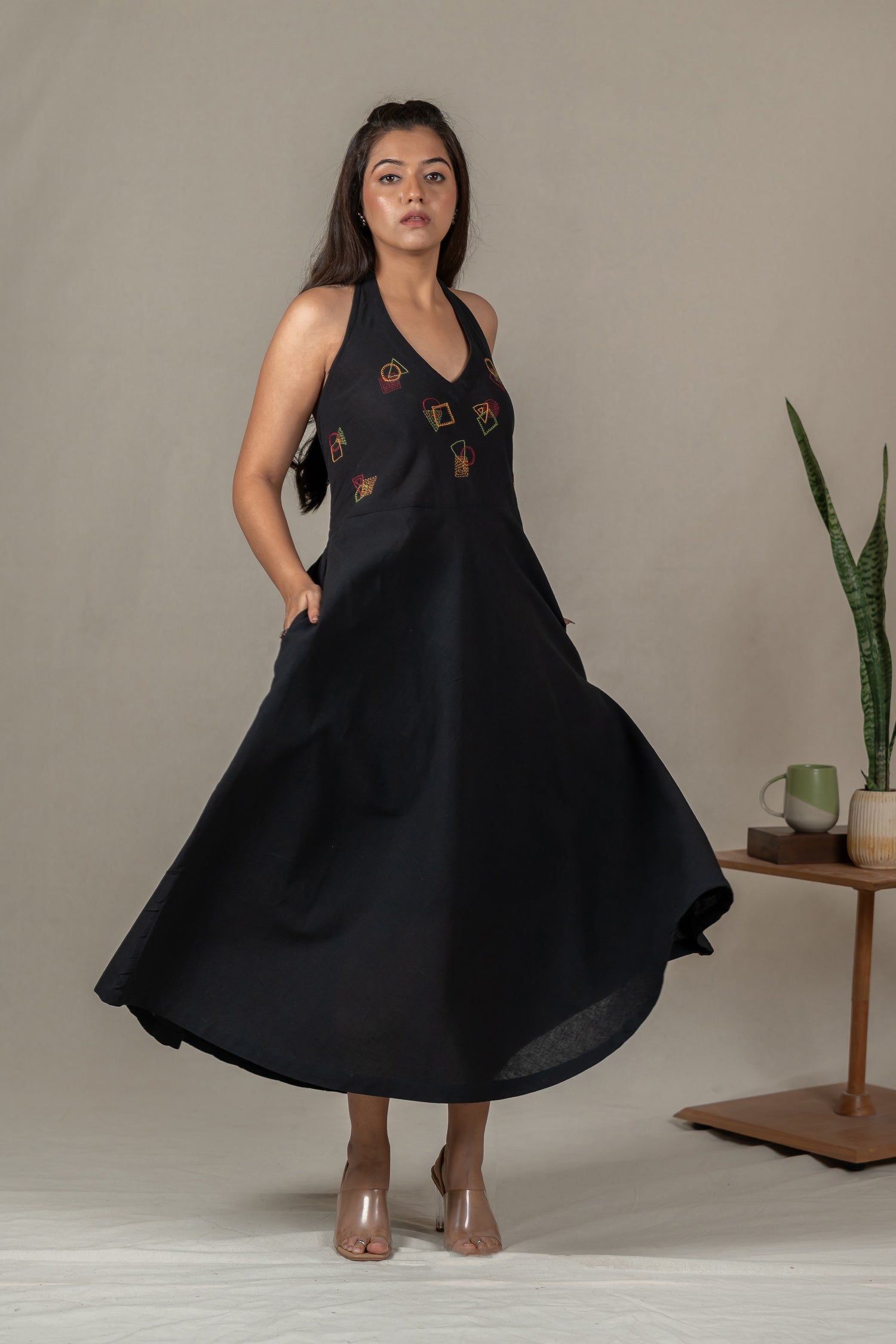 Hand Embroidered Handloom Cotton Halter-Neck Dress in Black – Suchi