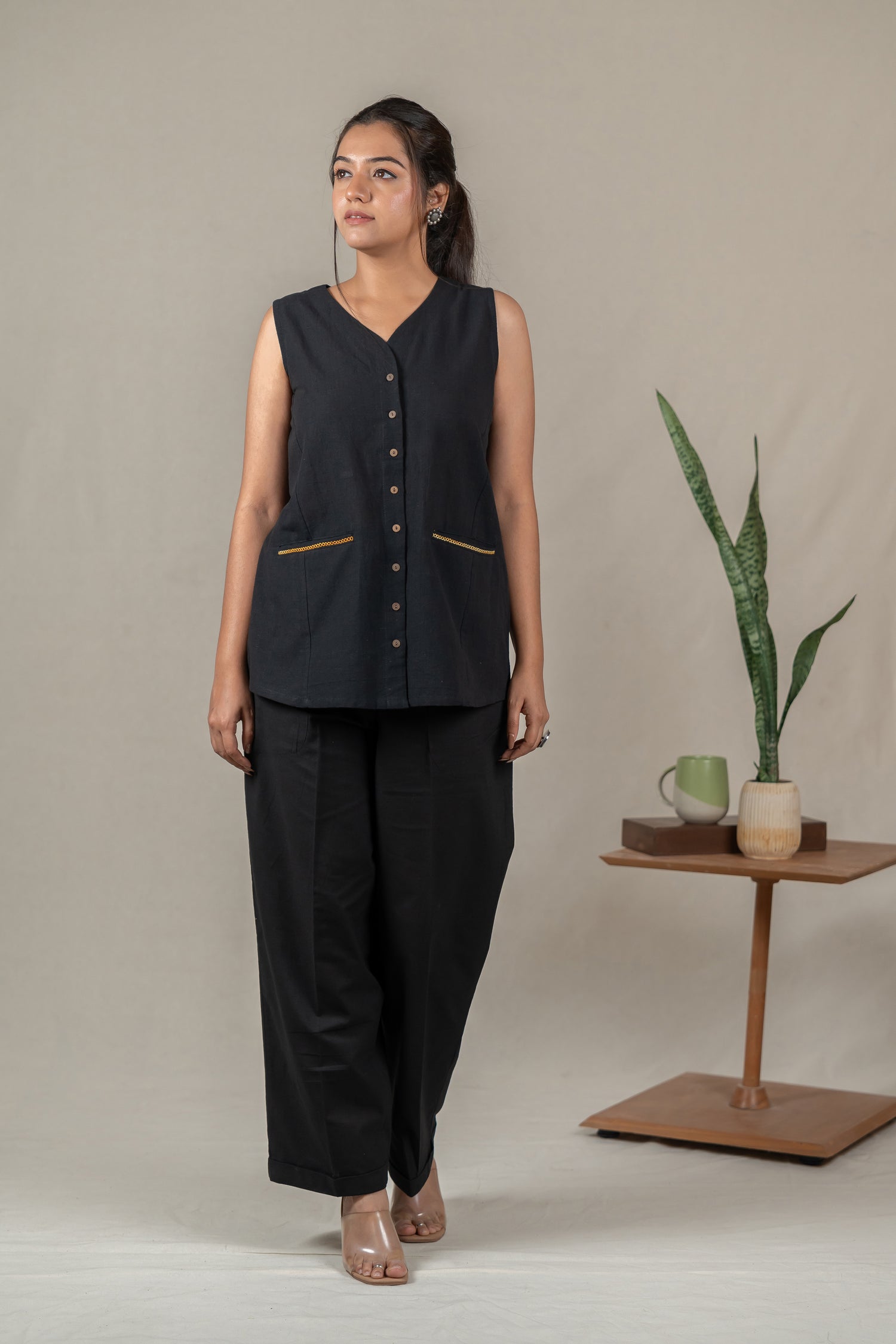 Sleeveless Hand Embroidered Handloom Cotton Vest in Black – Suchi