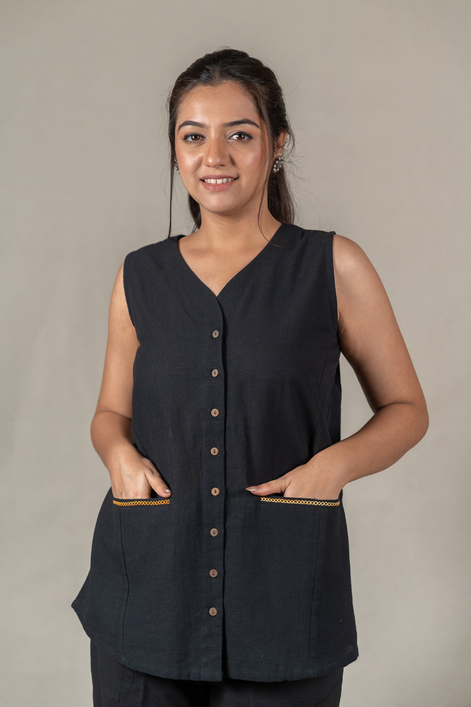 Sleeveless Hand Embroidered Handloom Cotton Vest in Black – Suchi