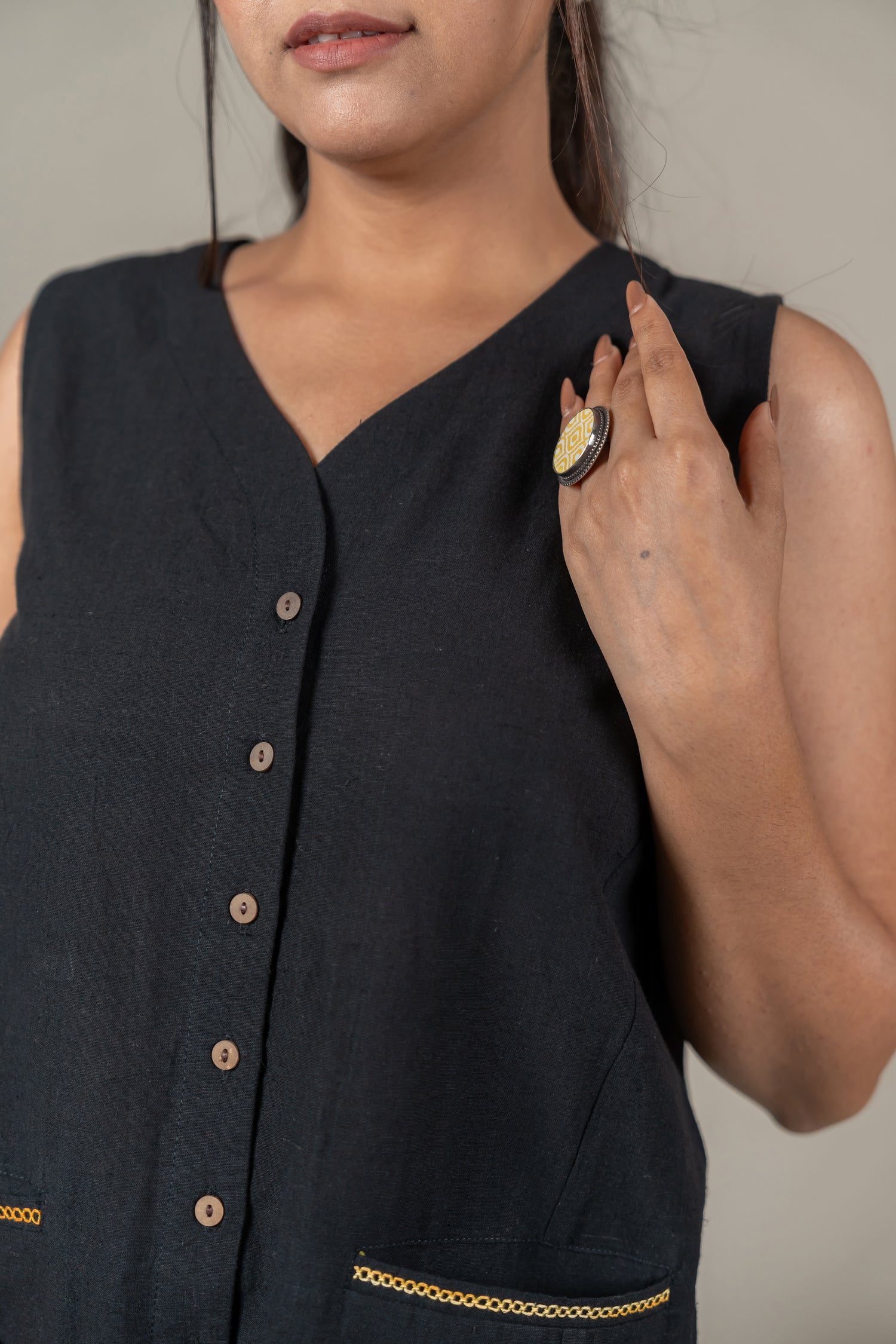 Sleeveless Hand Embroidered Handloom Cotton Vest in Black – Suchi