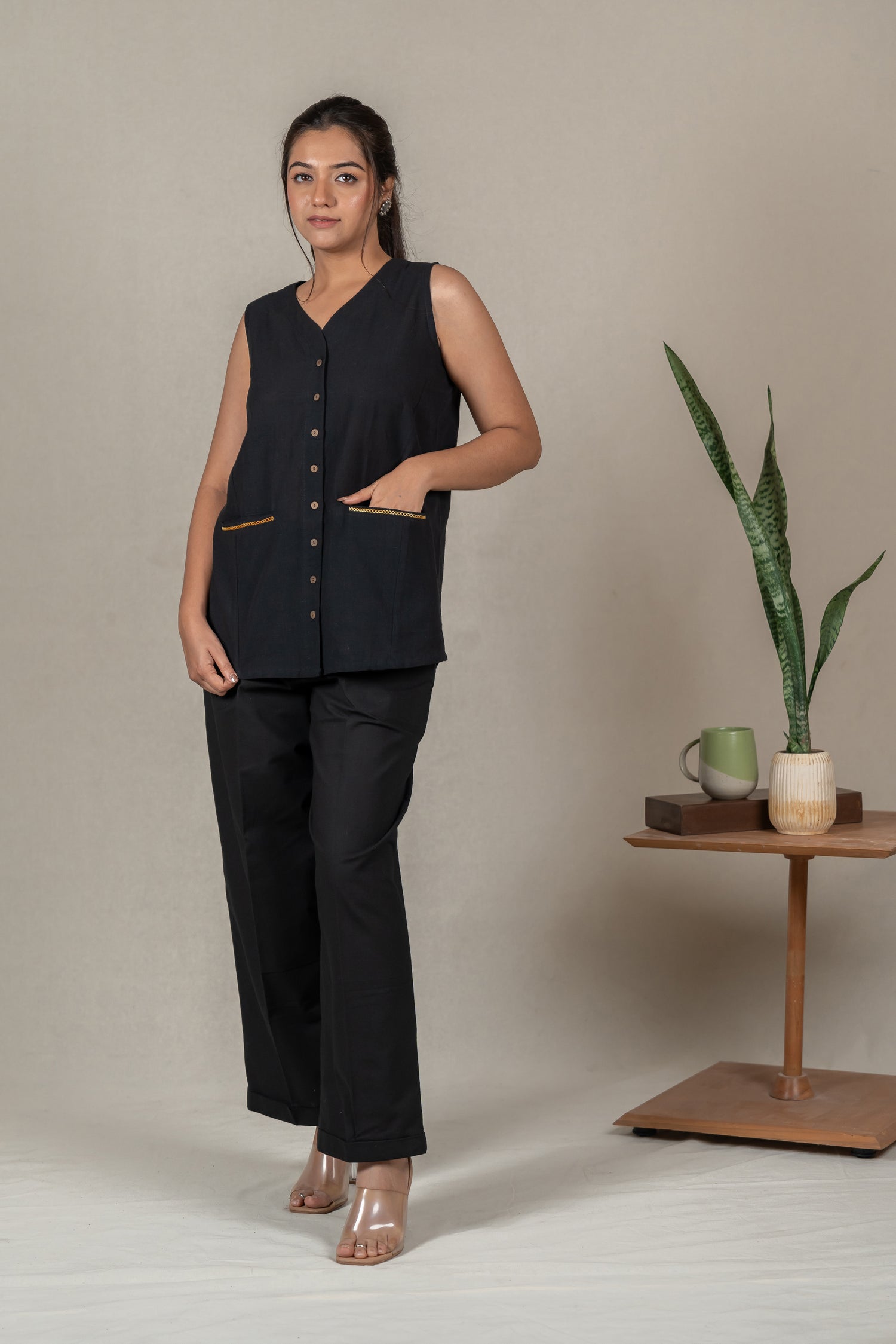 Sleeveless Hand Embroidered Handloom Cotton Vest in Black – Suchi