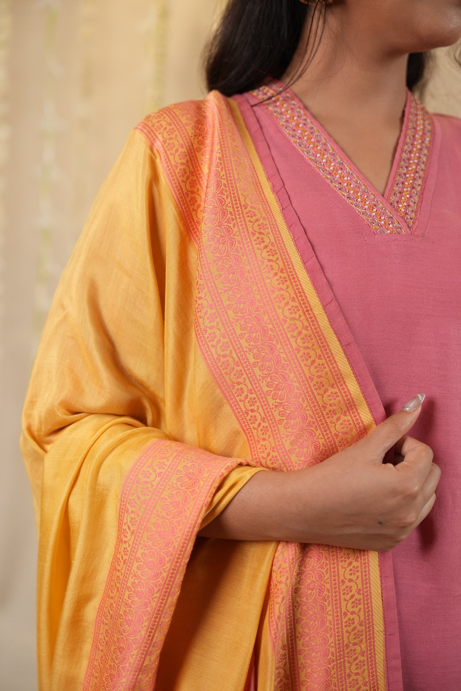 Ek Dor Hand Embroidered Viscose Silk Kurta Set - Set of Three