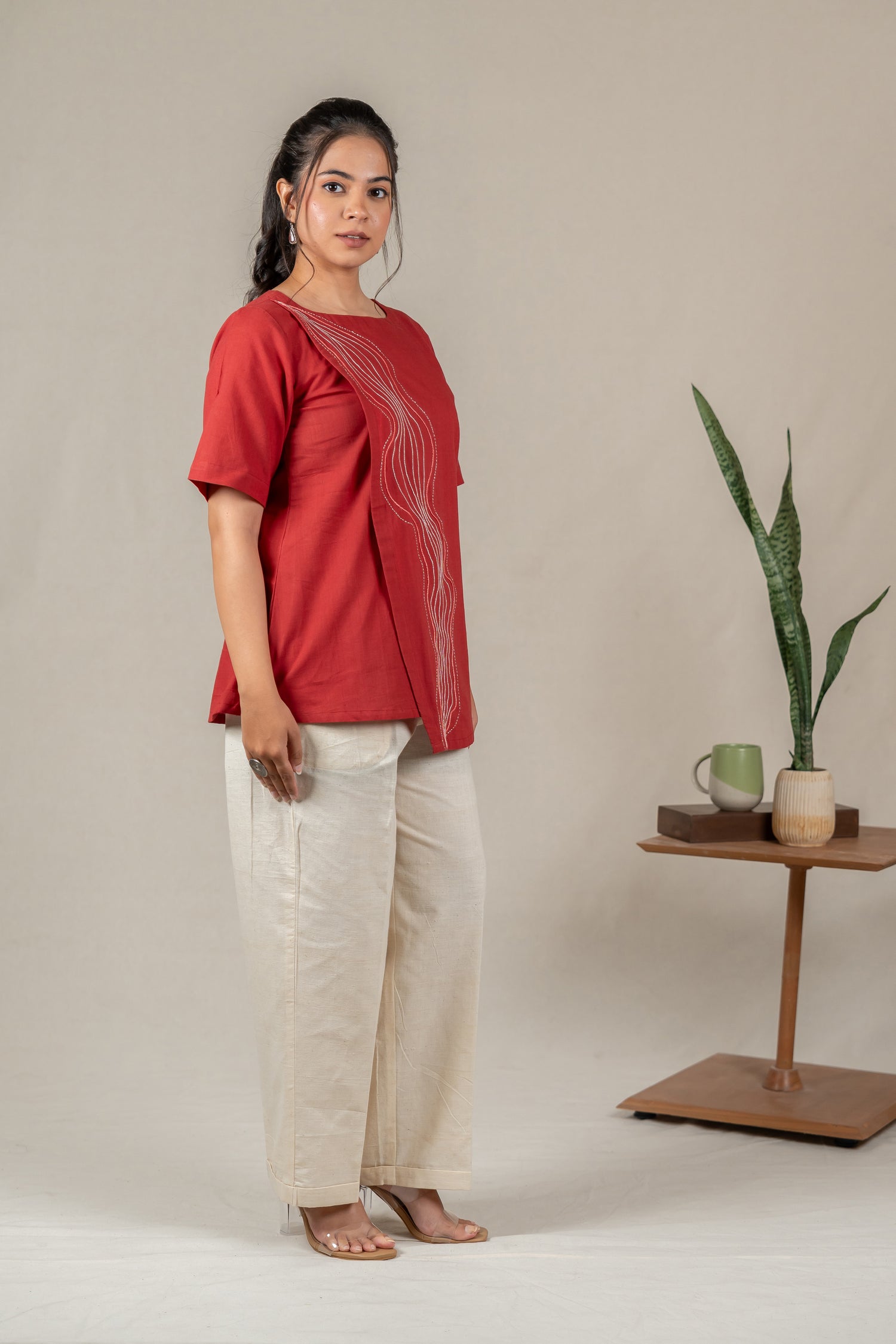 Hand Embroidered Handloom Cotton Top with Flap Detail in Red – Suchi