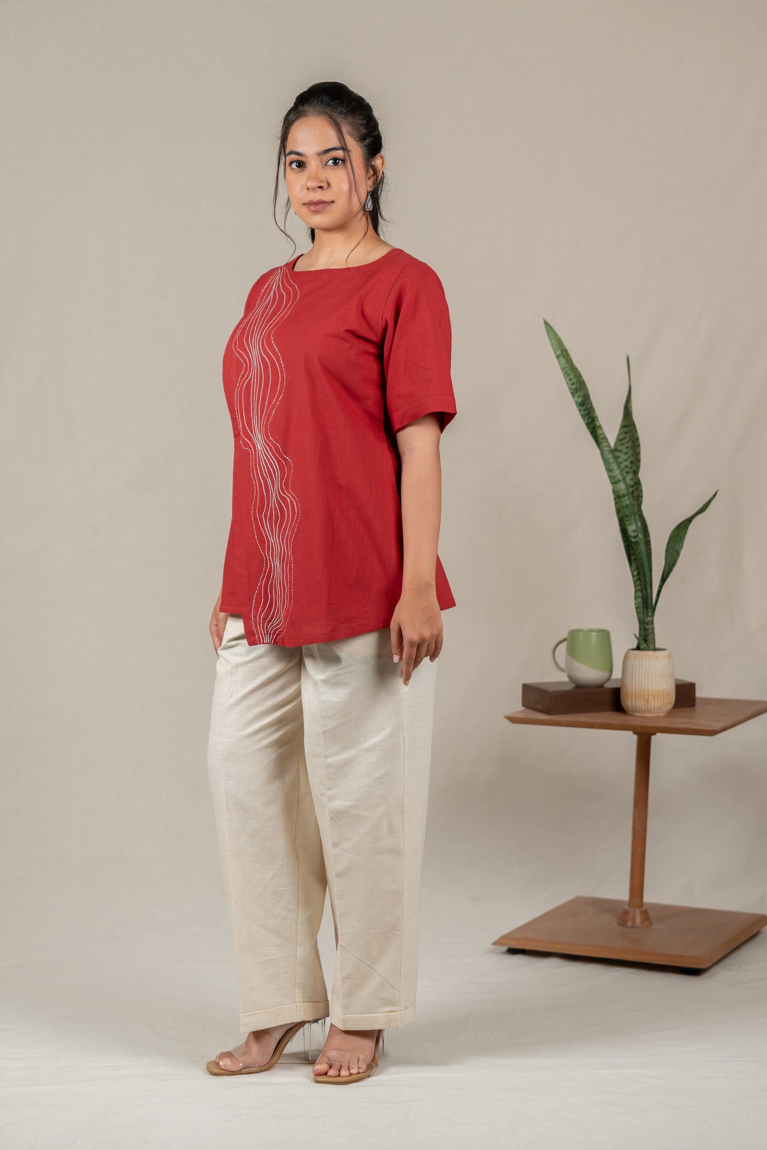 Hand Embroidered Handloom Cotton Top with Flap Detail in Red – Suchi