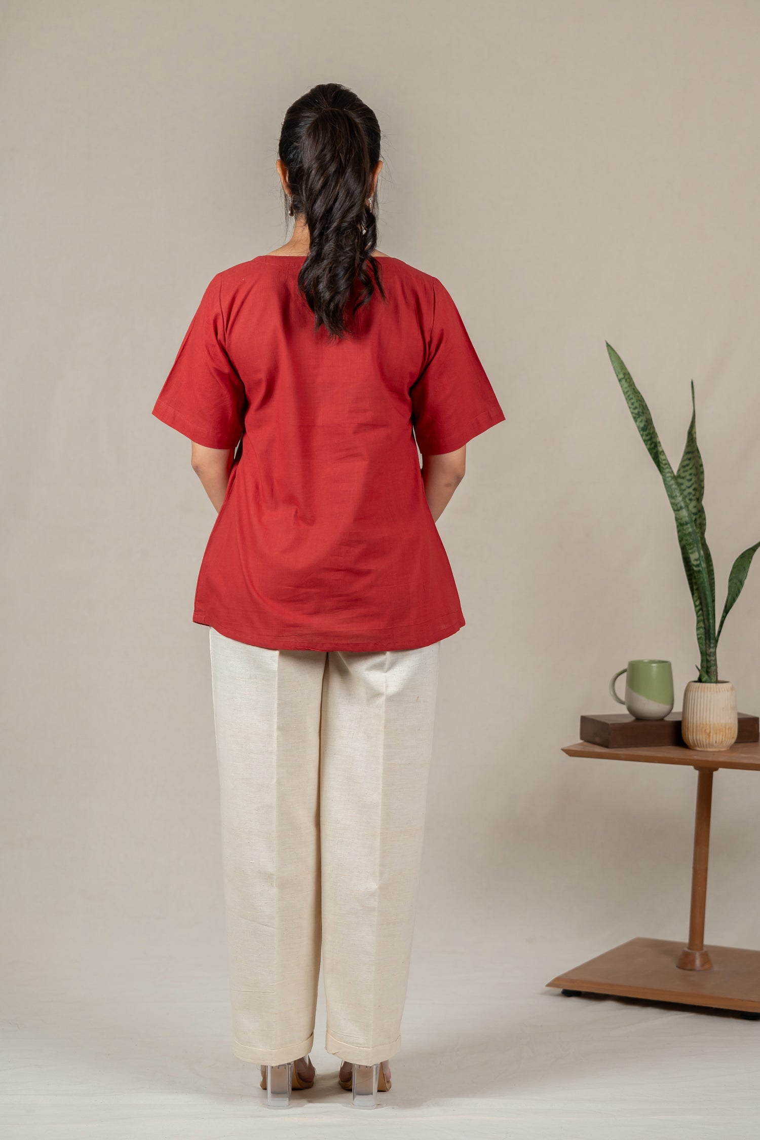 Hand Embroidered Handloom Cotton Top with Flap Detail in Red – Suchi