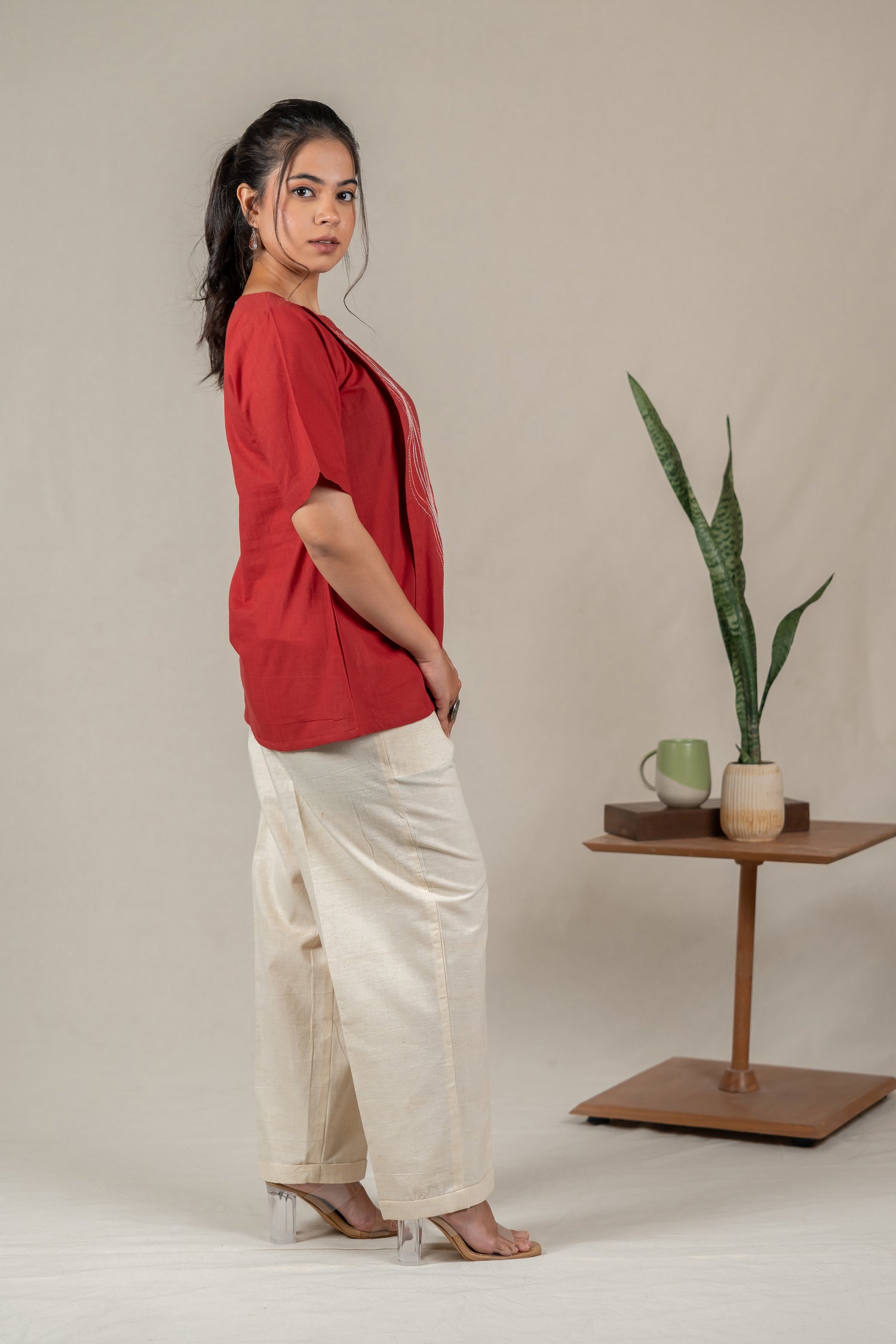 Hand Embroidered Handloom Cotton Top with Flap Detail in Red – Suchi