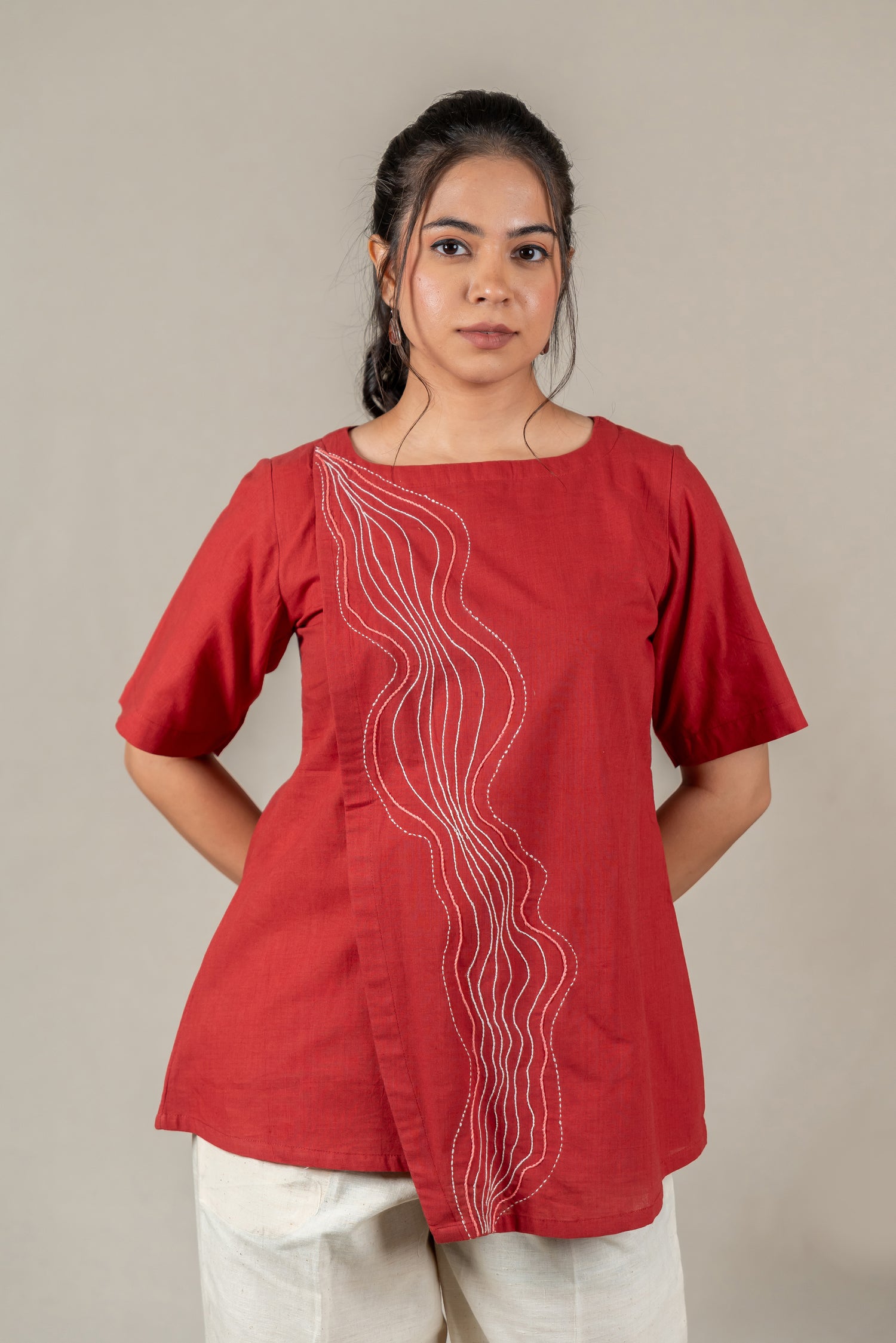 Hand Embroidered Handloom Cotton Top with Flap Detail in Red – Suchi