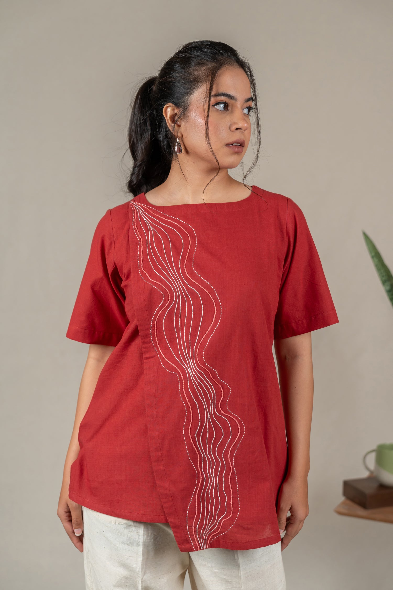 Hand Embroidered Handloom Cotton Top with Flap Detail in Red – Suchi