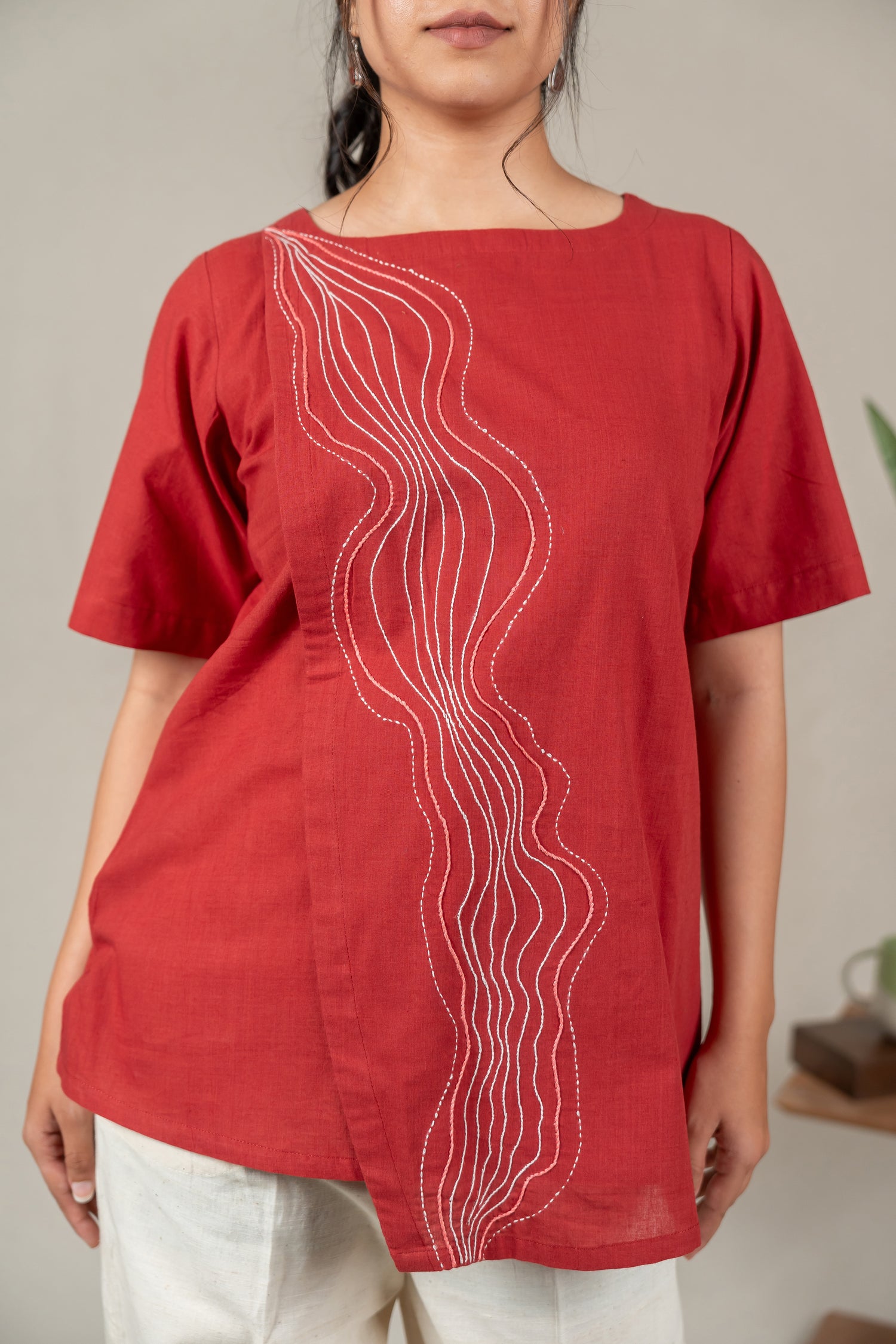 Hand Embroidered Handloom Cotton Top with Flap Detail in Red – Suchi