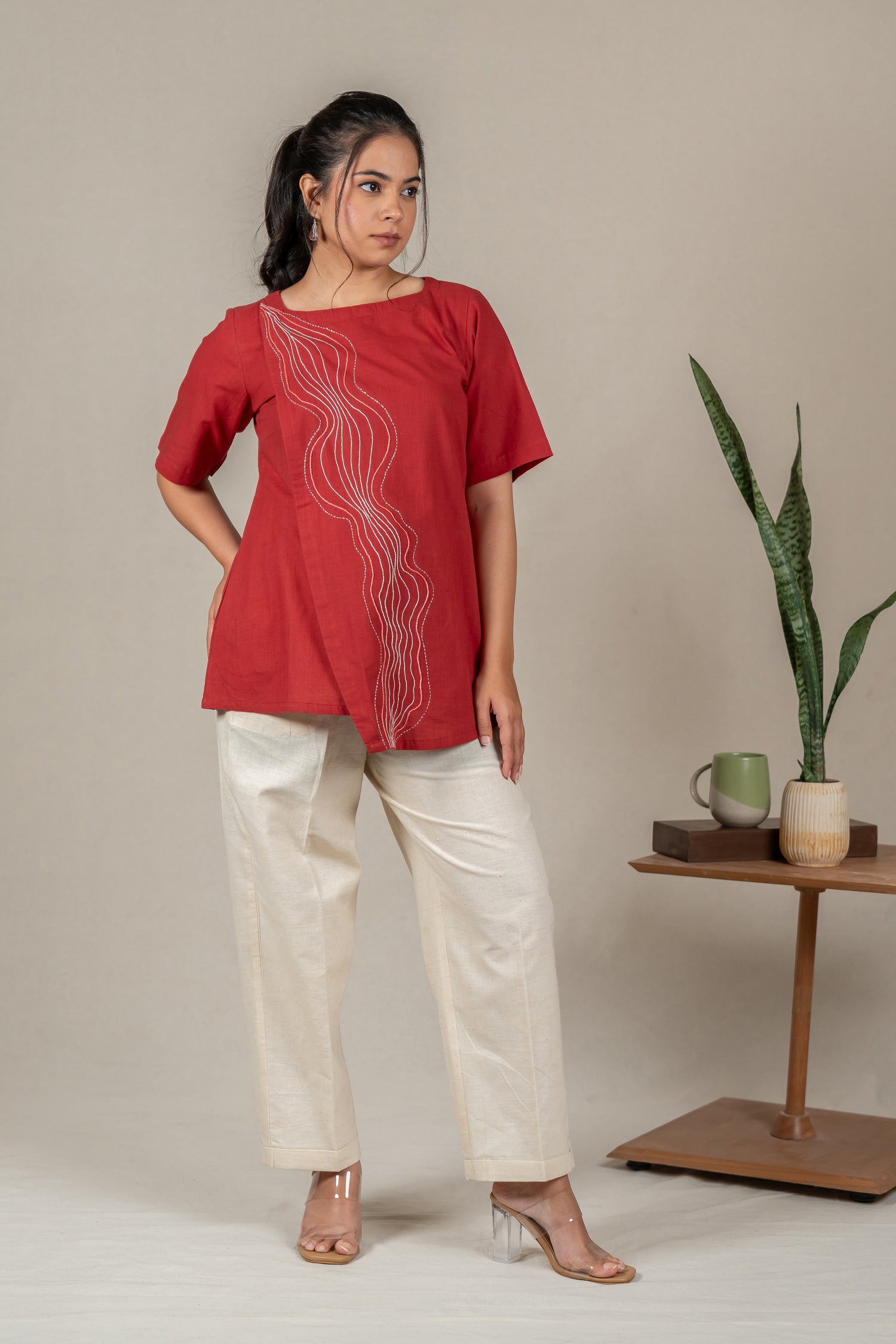 Hand Embroidered Handloom Cotton Top with Flap Detail in Red – Suchi