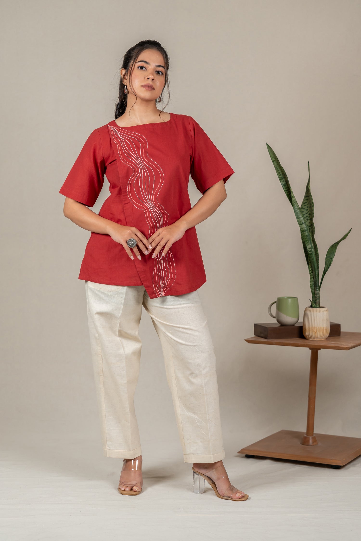 Hand Embroidered Handloom Cotton Top with Flap Detail in Red – Suchi