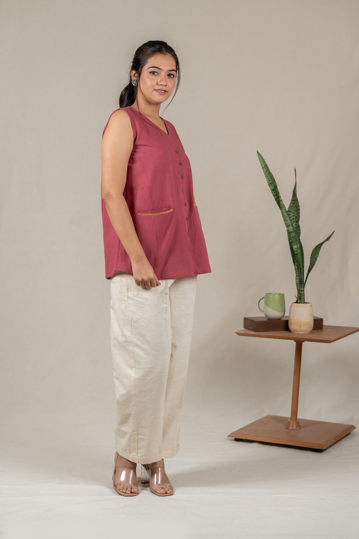 Sleeveless Hand Embroidered Handloom Cotton Vest in Muted Pink – Suchi