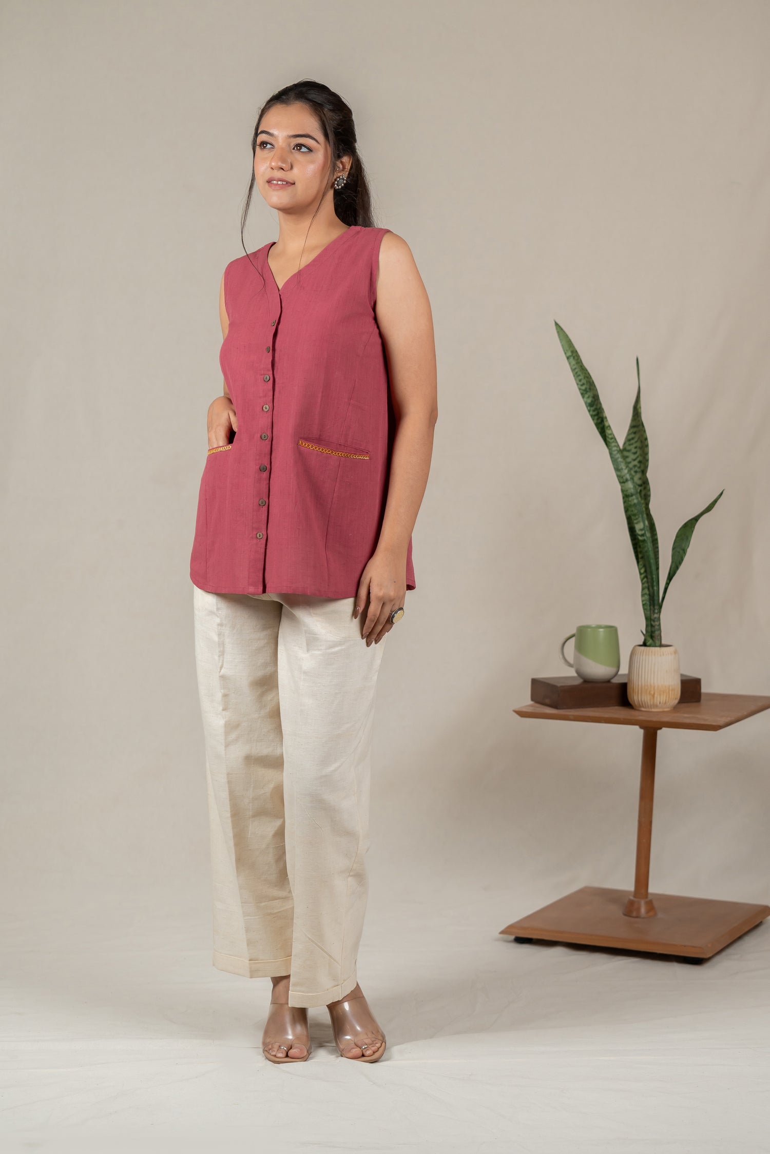 Sleeveless Hand Embroidered Handloom Cotton Vest in Muted Pink – Suchi