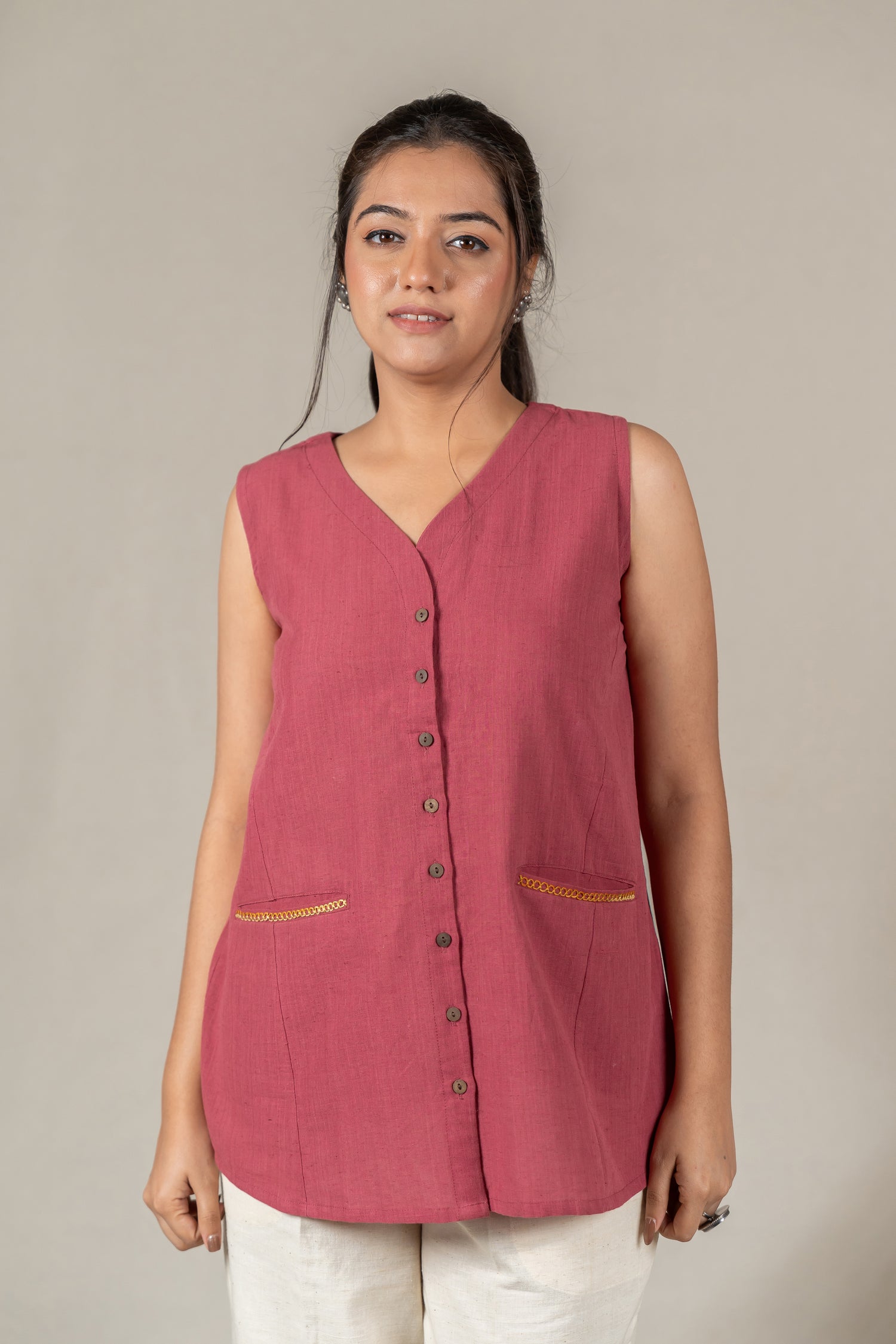 Sleeveless Hand Embroidered Handloom Cotton Vest in Muted Pink – Suchi