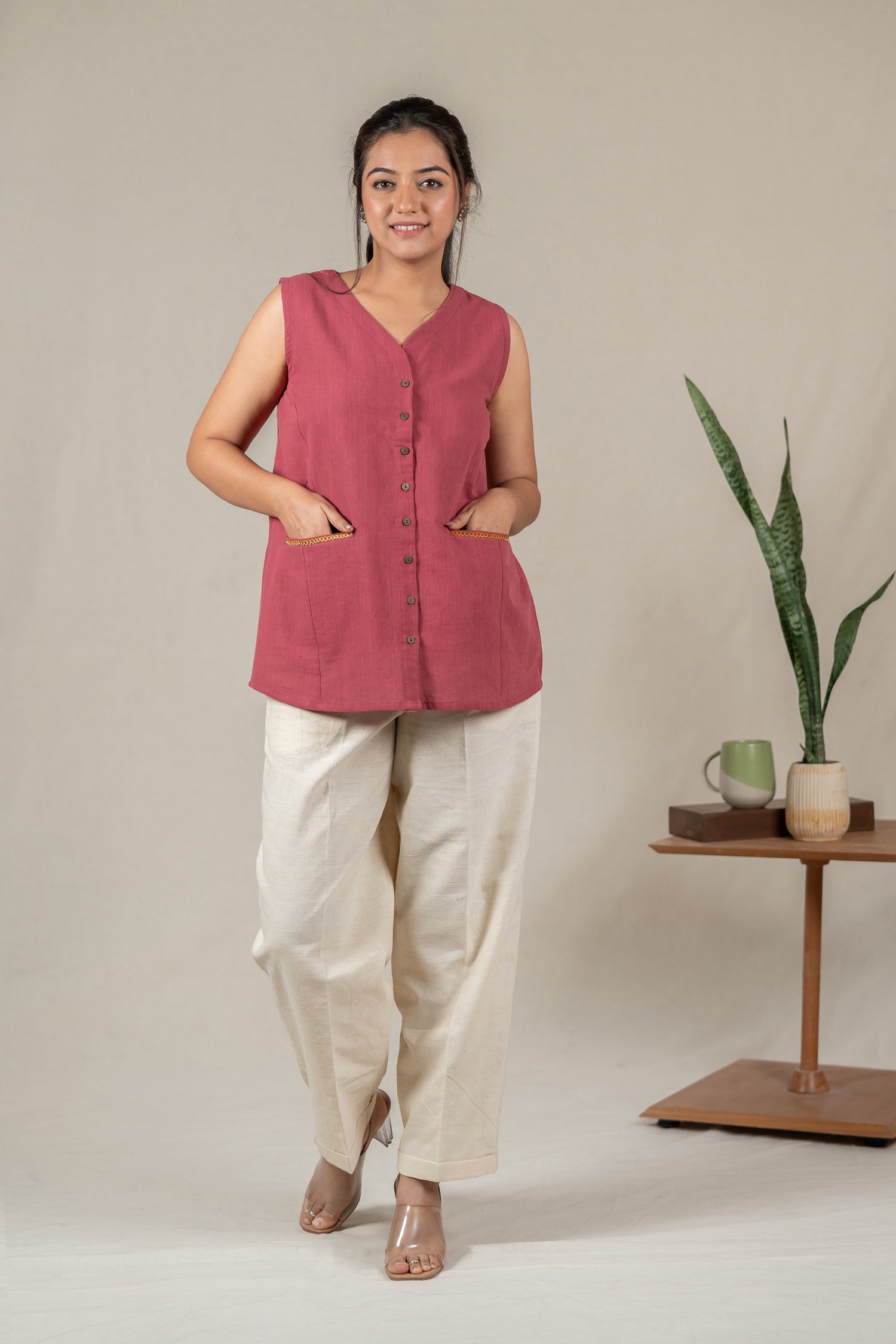 Sleeveless Hand Embroidered Handloom Cotton Vest in Muted Pink – Suchi