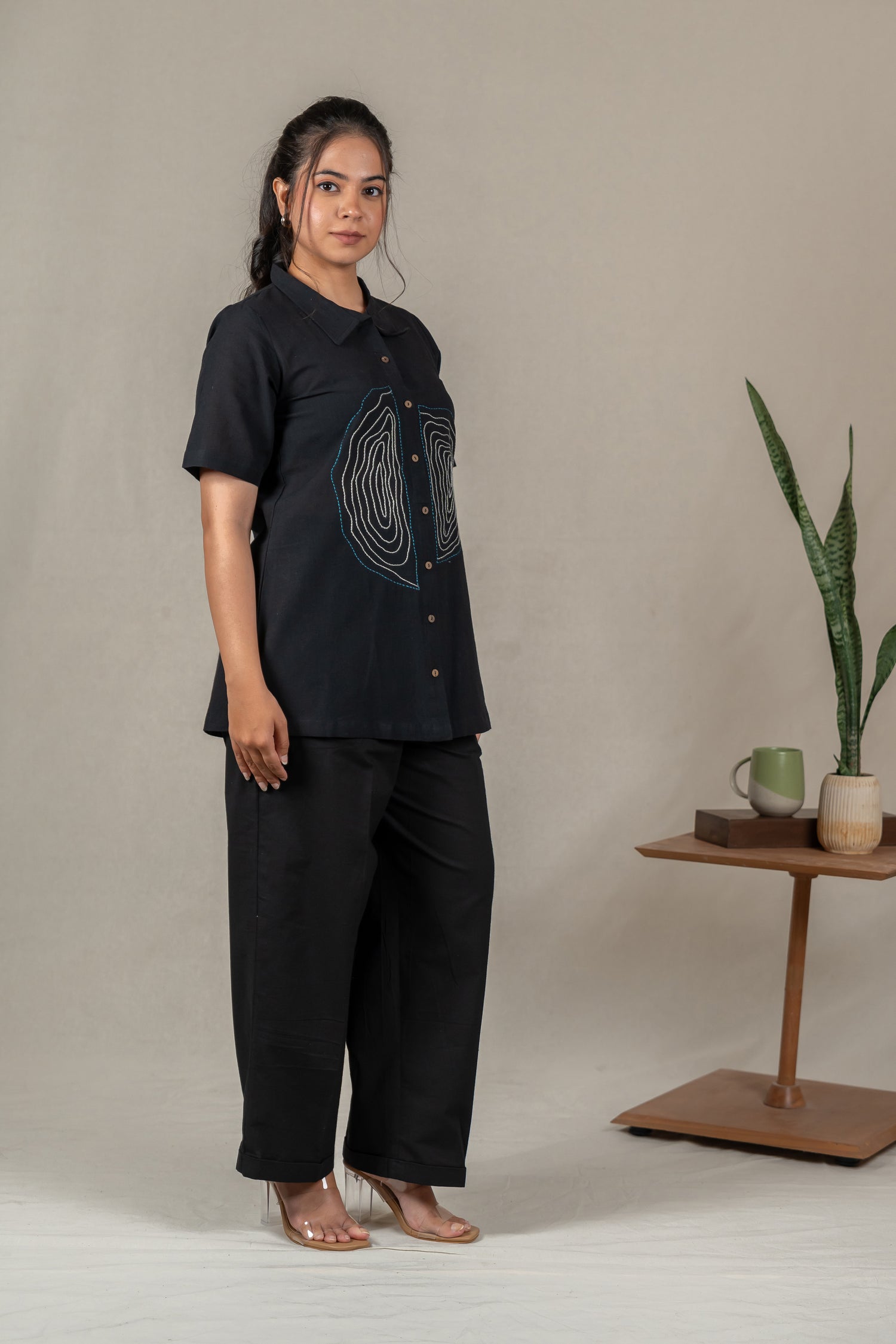 Hand Embroidered Handloom Cotton Shirt with Tree Ring Motifs in Black – Suchi