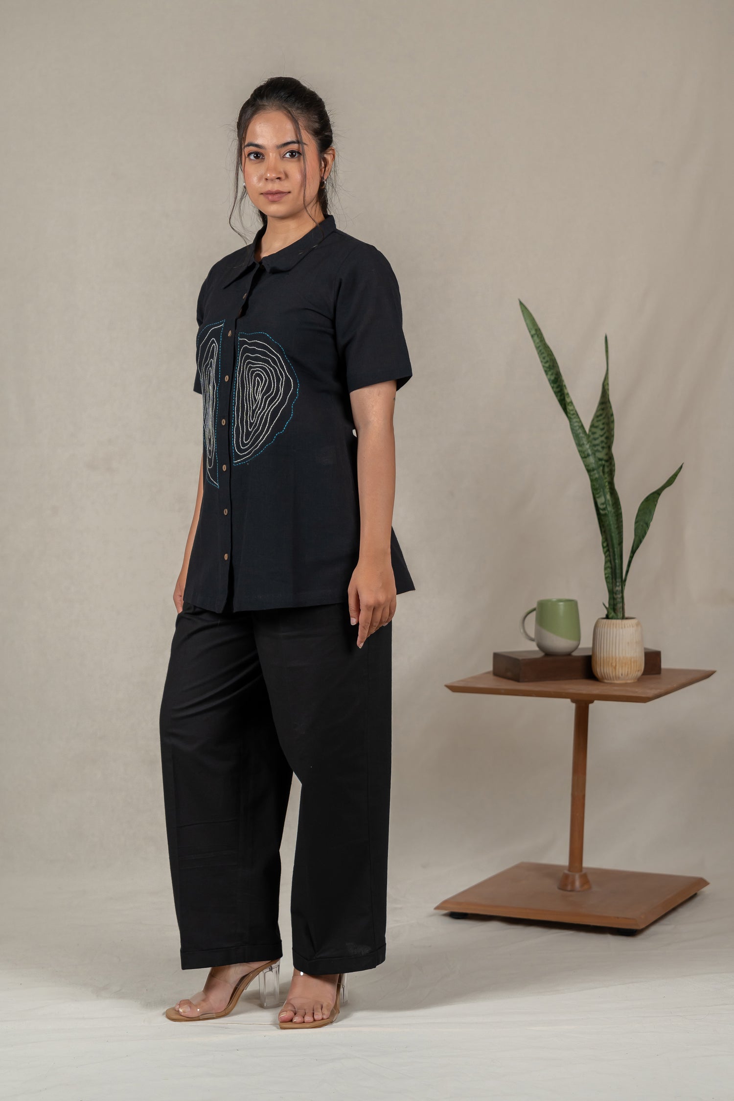 Hand Embroidered Handloom Cotton Shirt with Tree Ring Motifs in Black – Suchi