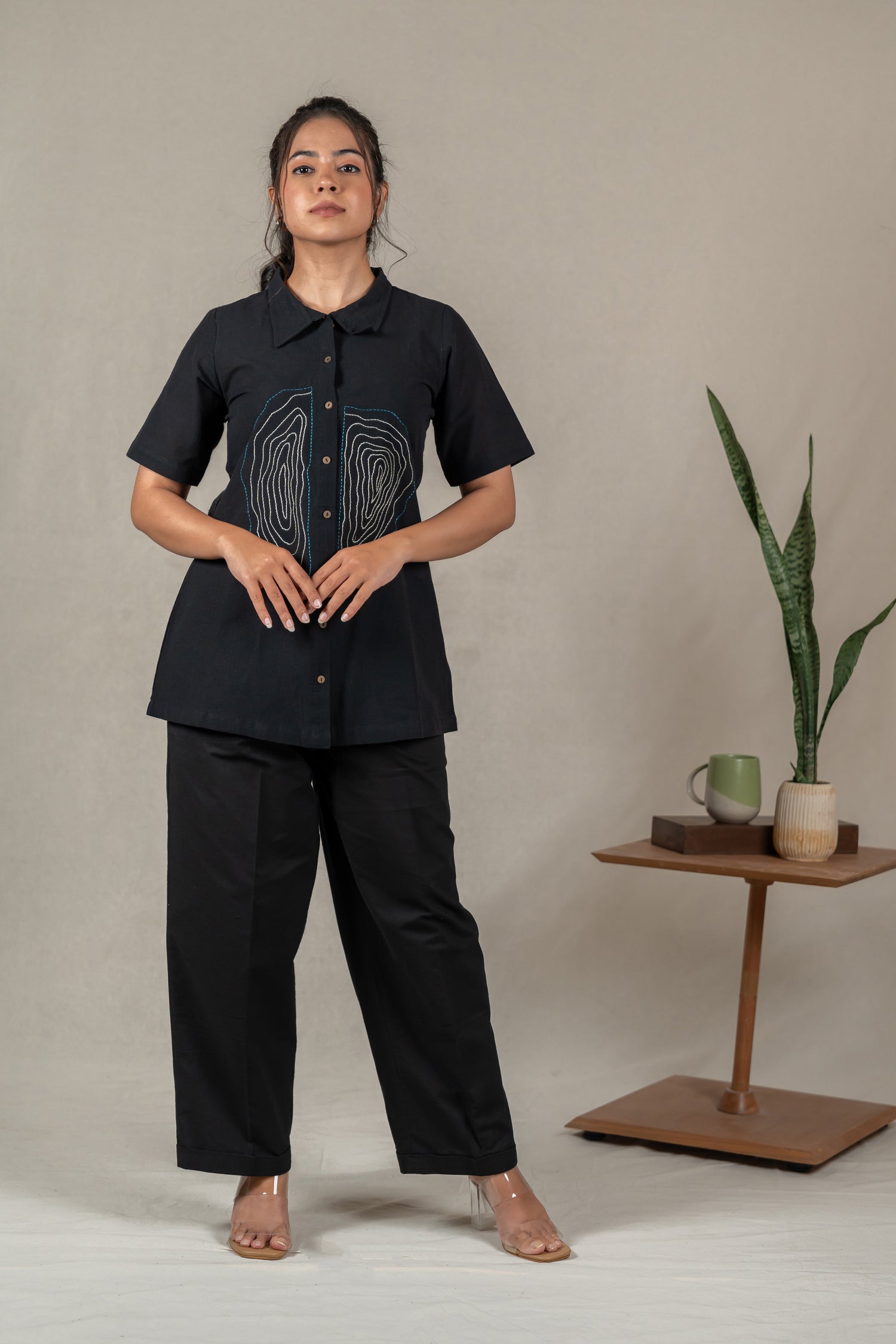 Hand Embroidered Handloom Cotton Shirt with Tree Ring Motifs in Black – Suchi