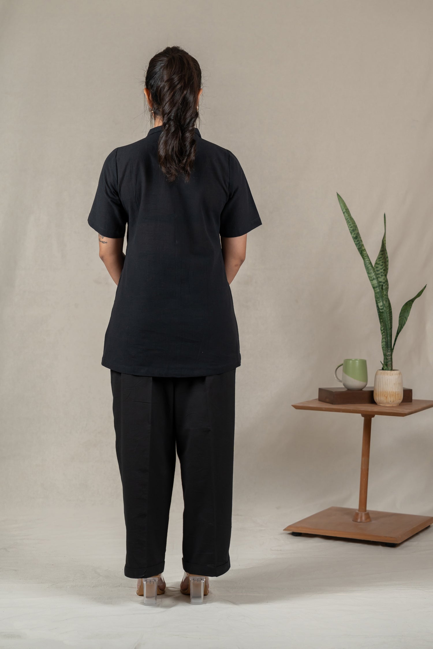 Hand Embroidered Handloom Cotton Shirt with Tree Ring Motifs in Black – Suchi