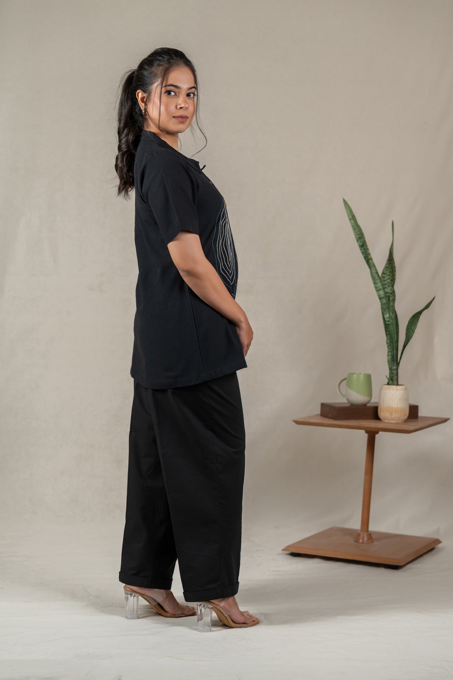 Hand Embroidered Handloom Cotton Shirt with Tree Ring Motifs in Black – Suchi