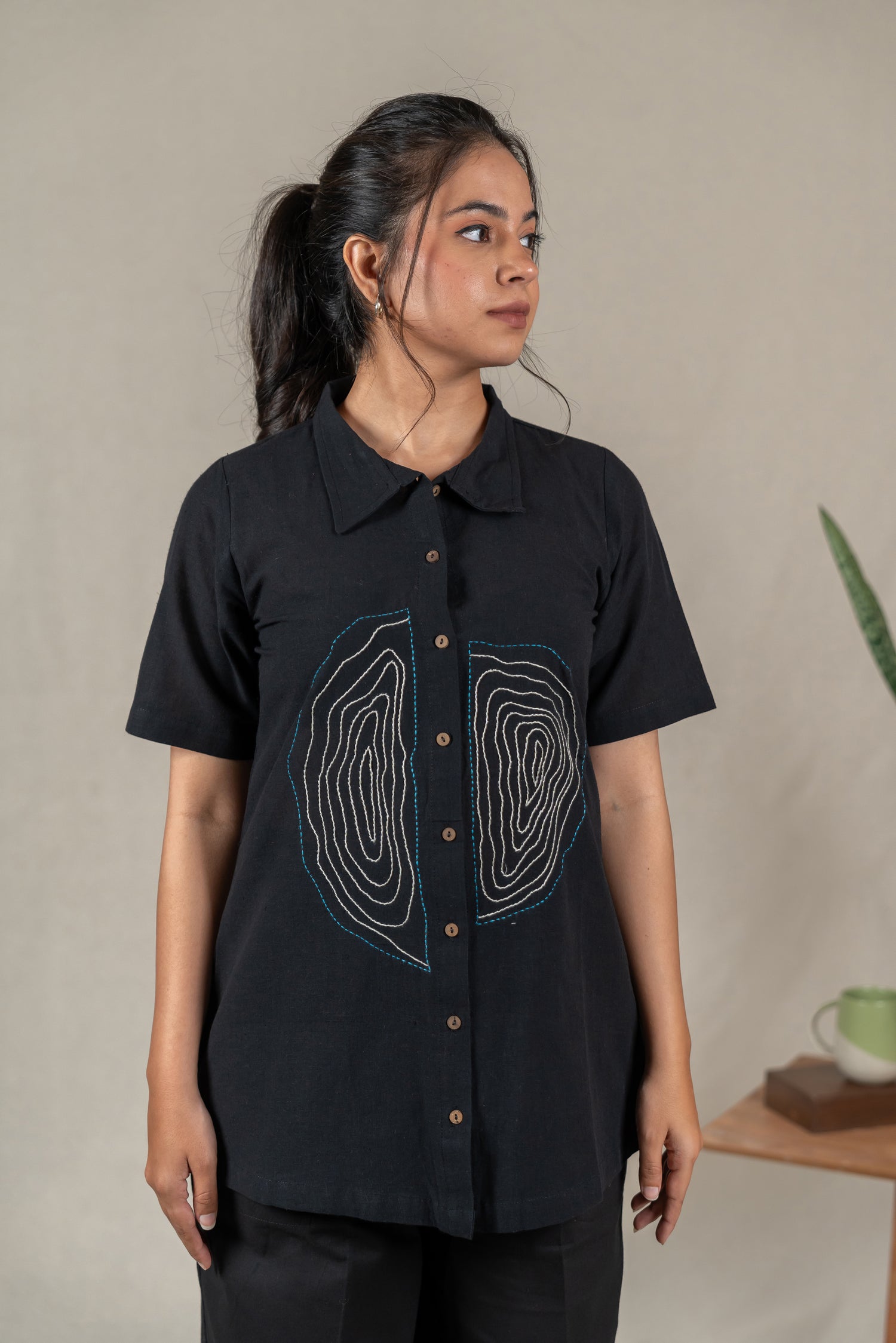 Hand Embroidered Handloom Cotton Shirt with Tree Ring Motifs in Black – Suchi