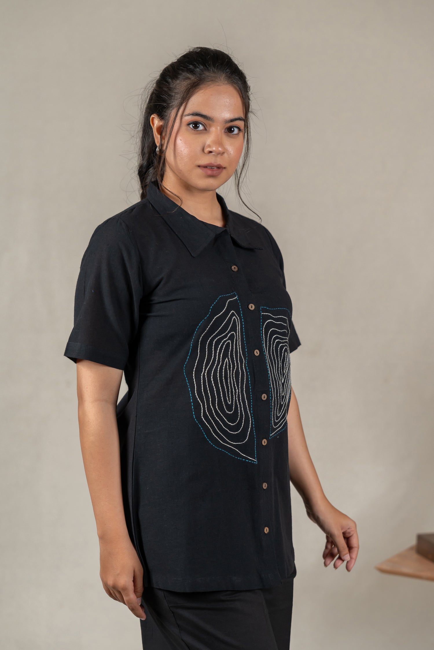 Hand Embroidered Handloom Cotton Shirt with Tree Ring Motifs in Black – Suchi