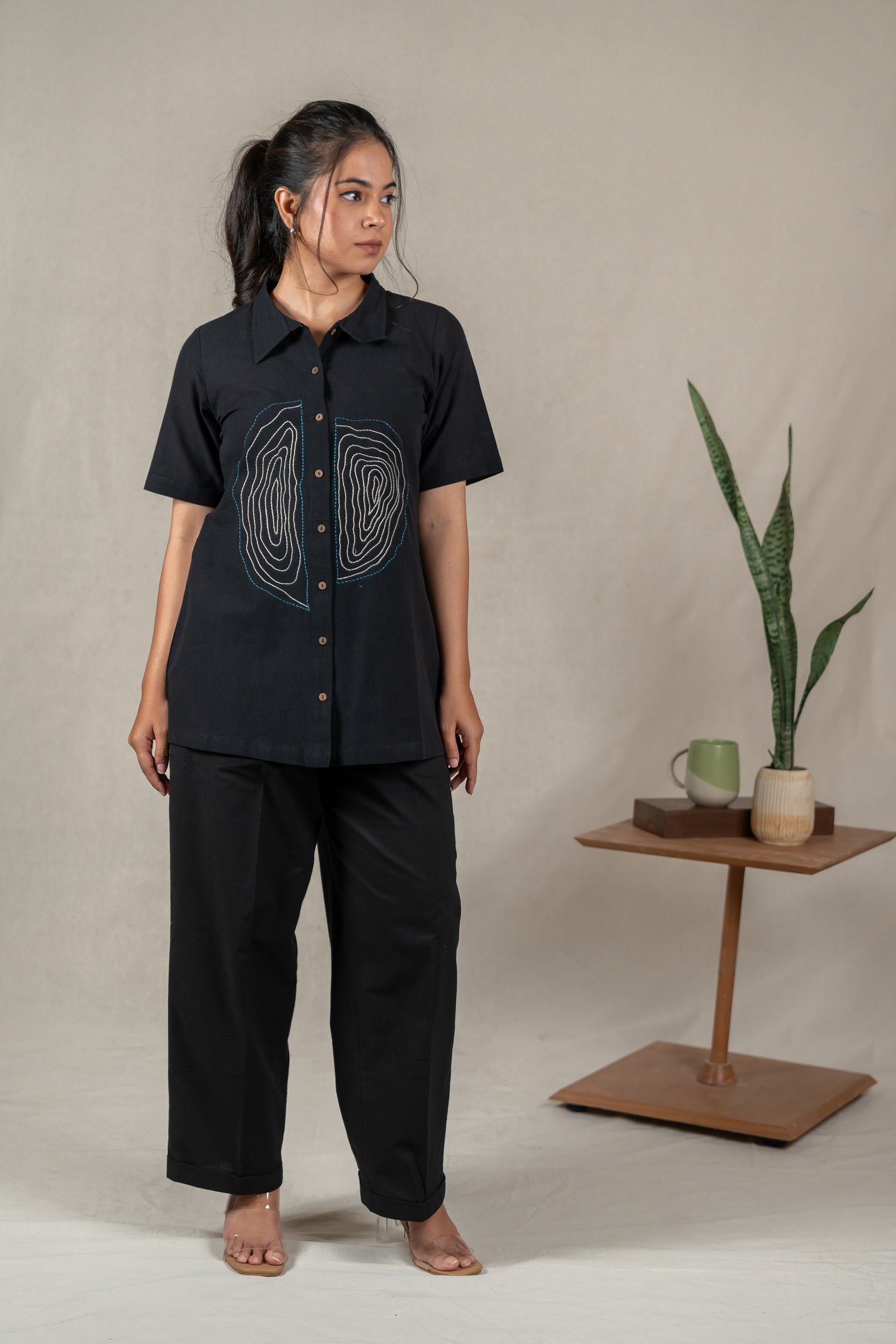 Hand Embroidered Handloom Cotton Shirt with Tree Ring Motifs in Black – Suchi