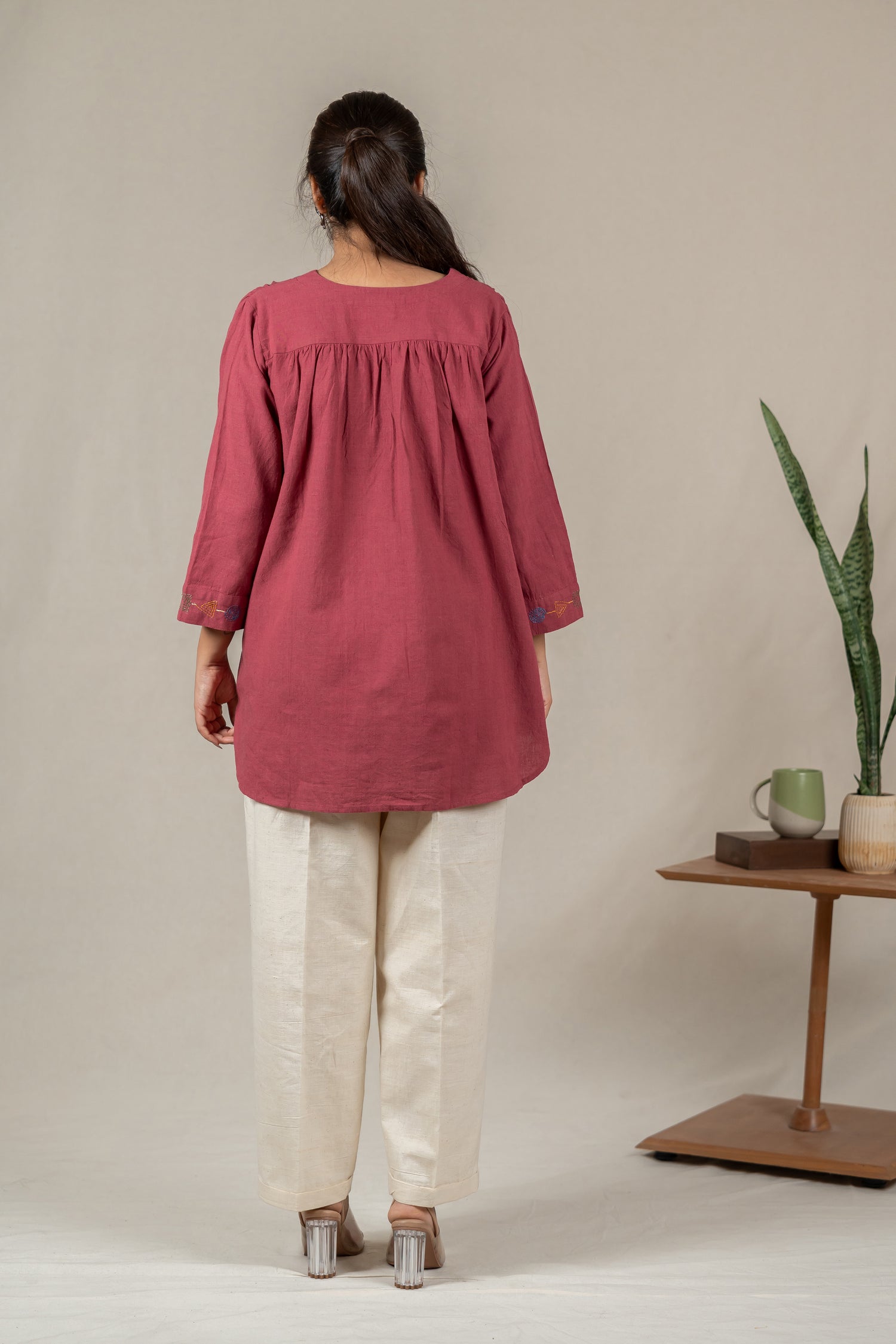 Hand Embroidered Handloom Cotton Tunic with Soft V-Neck in Muted Pink – Suchi