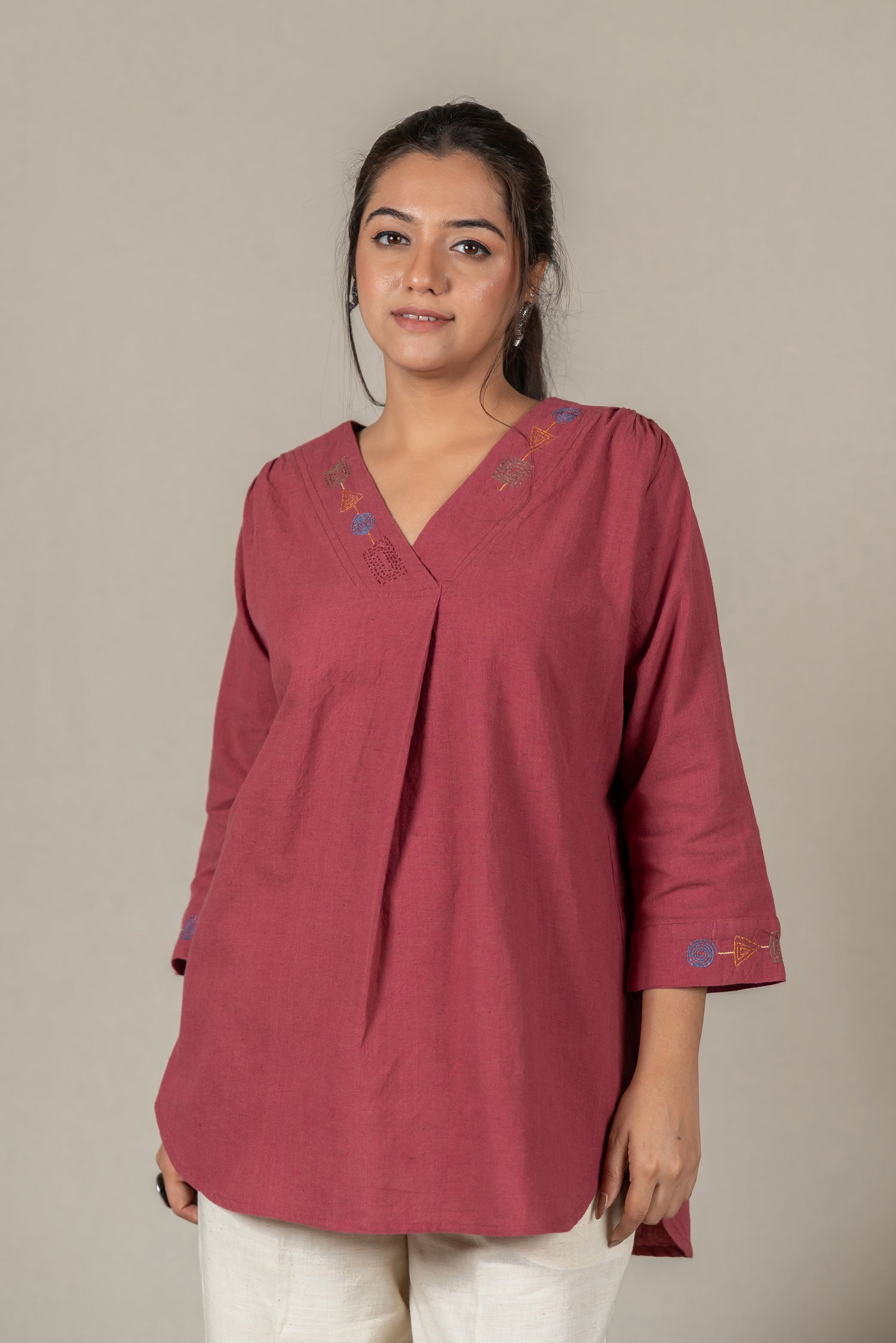Hand Embroidered Handloom Cotton Tunic with Soft V-Neck in Muted Pink – Suchi