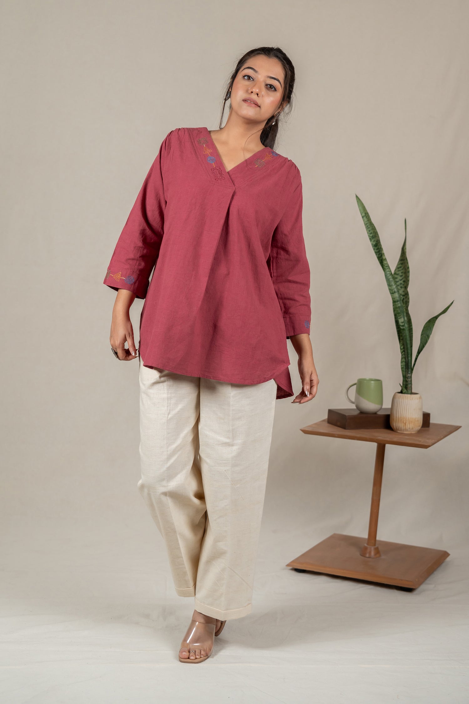 Hand Embroidered Handloom Cotton Tunic with Soft V-Neck in Muted Pink – Suchi