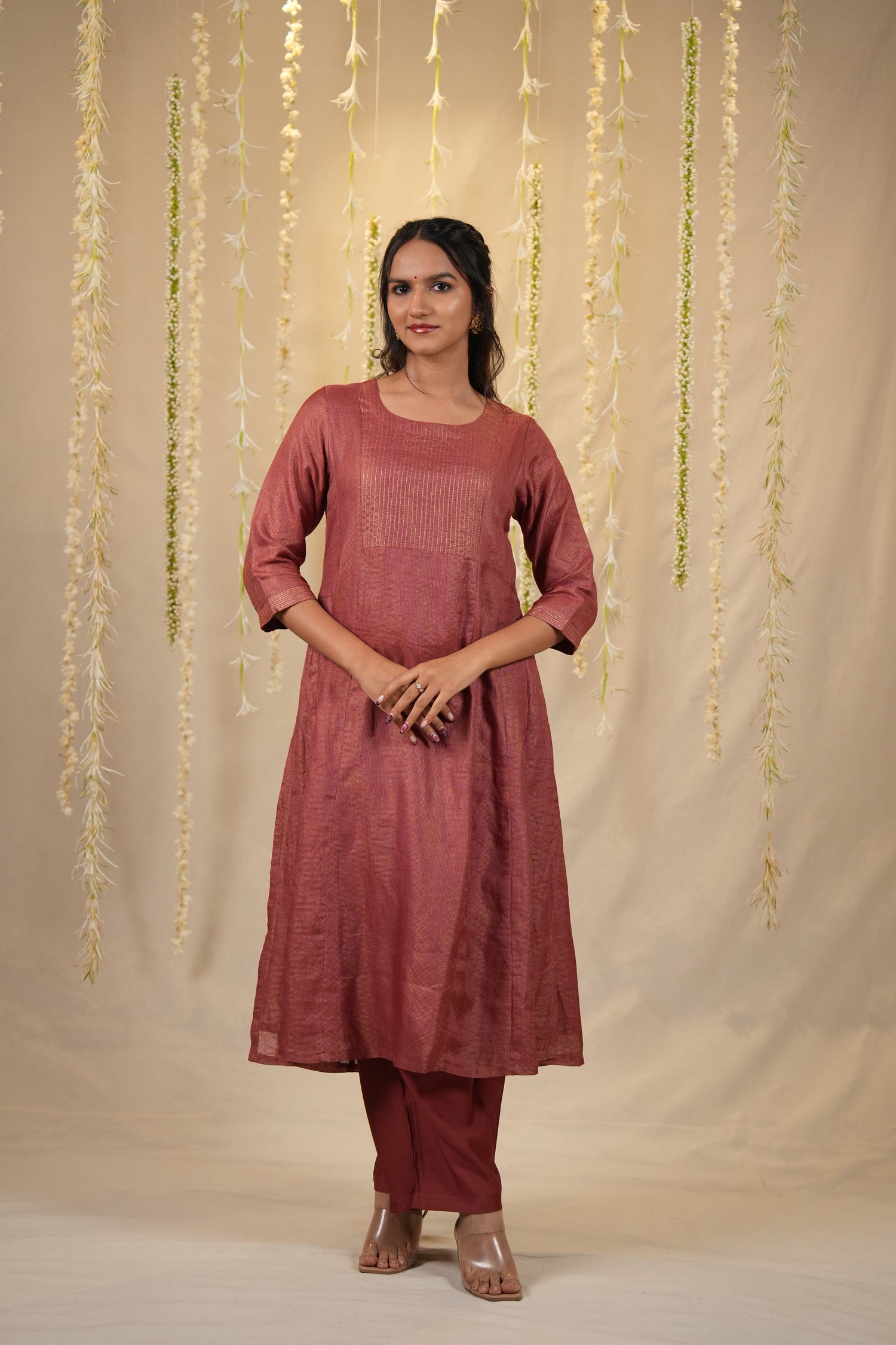 Ek Dor Rust Checked Tissue Silk Kurta Set with Dupatta - Set of Three