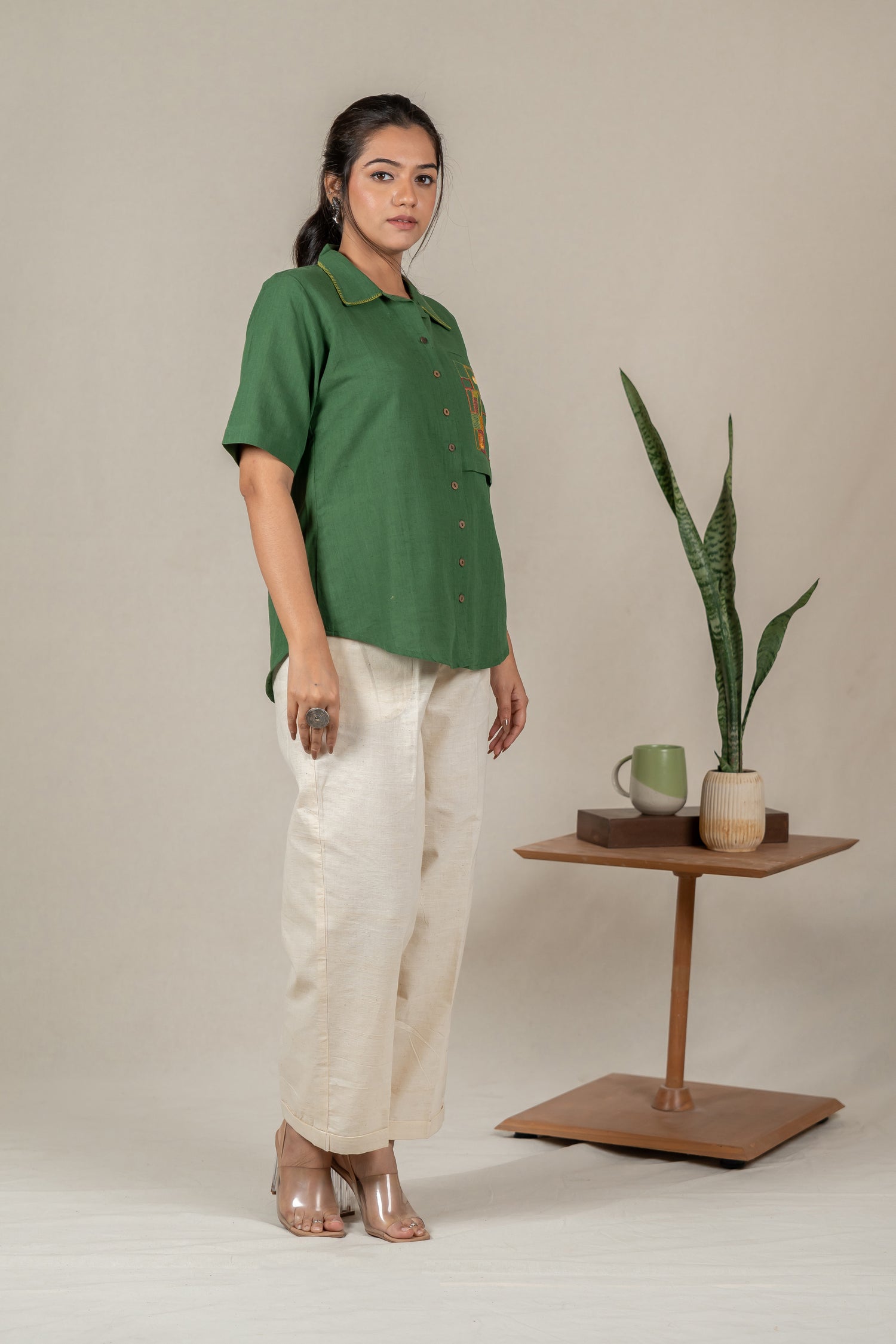 Hand Embroidered Handloom Cotton Shirt with Apple-Cut Hem in Green – Suchi