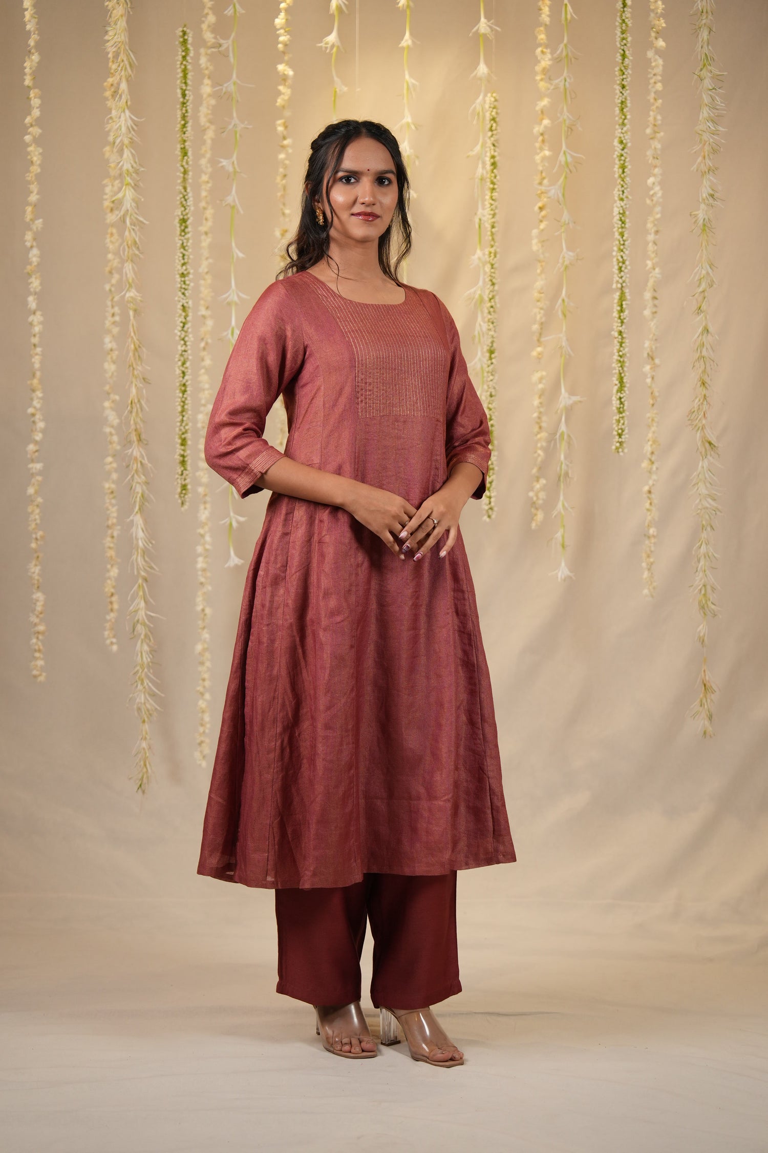 Ek Dor Rust Checked Tissue Silk Kurta Set with Dupatta - Set of Three
