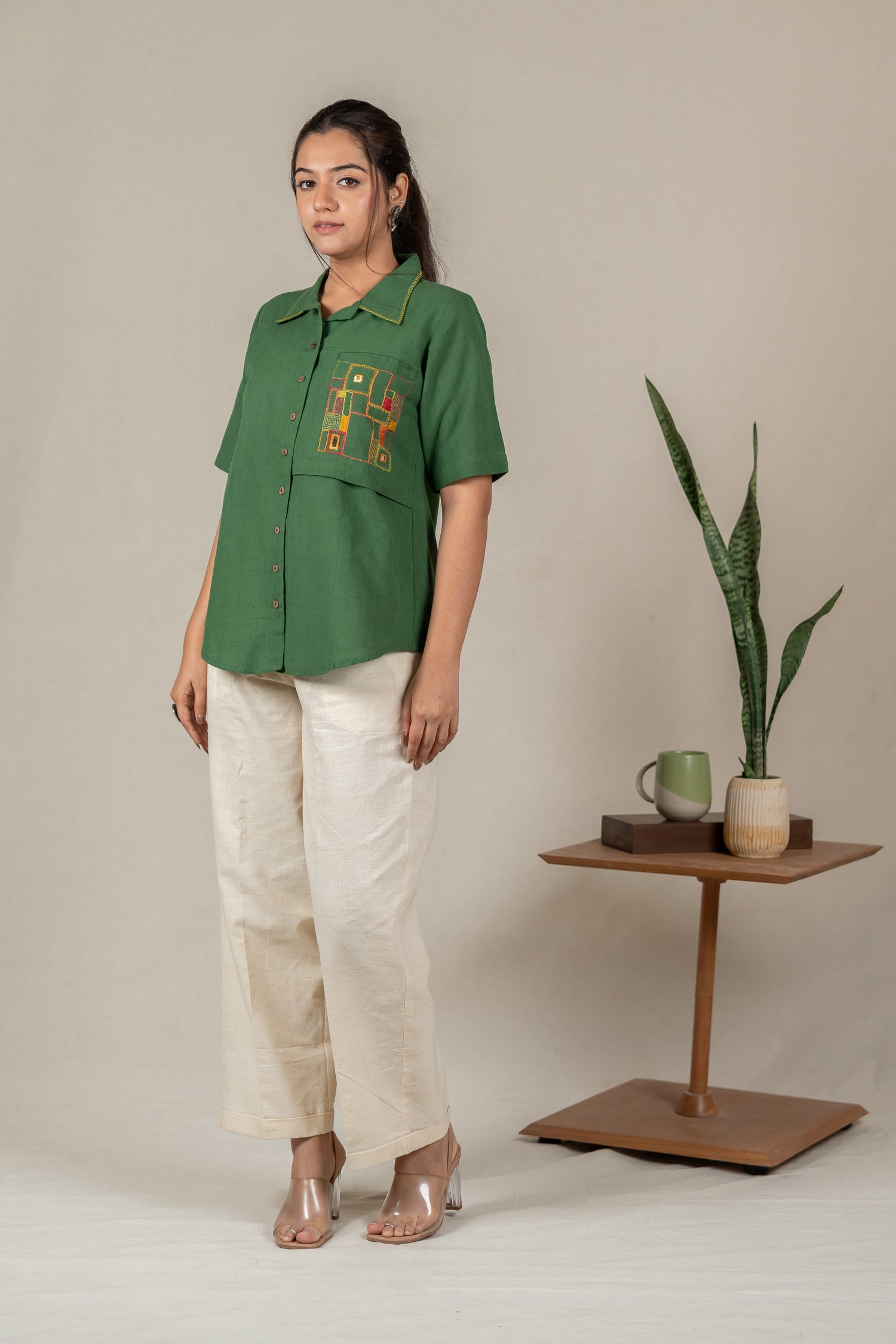 Hand Embroidered Handloom Cotton Shirt with Apple-Cut Hem in Green – Suchi