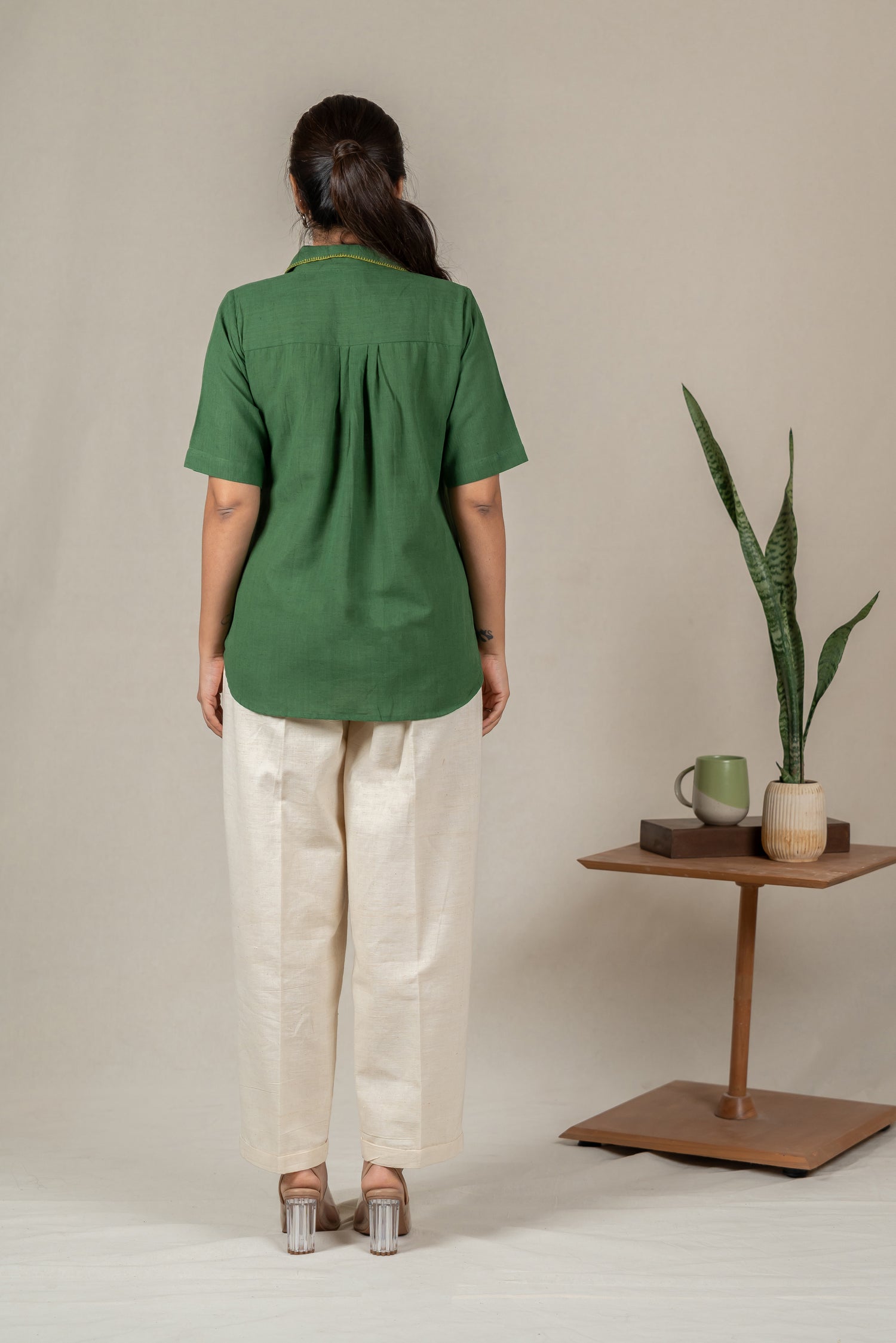 Hand Embroidered Handloom Cotton Shirt with Apple-Cut Hem in Green – Suchi