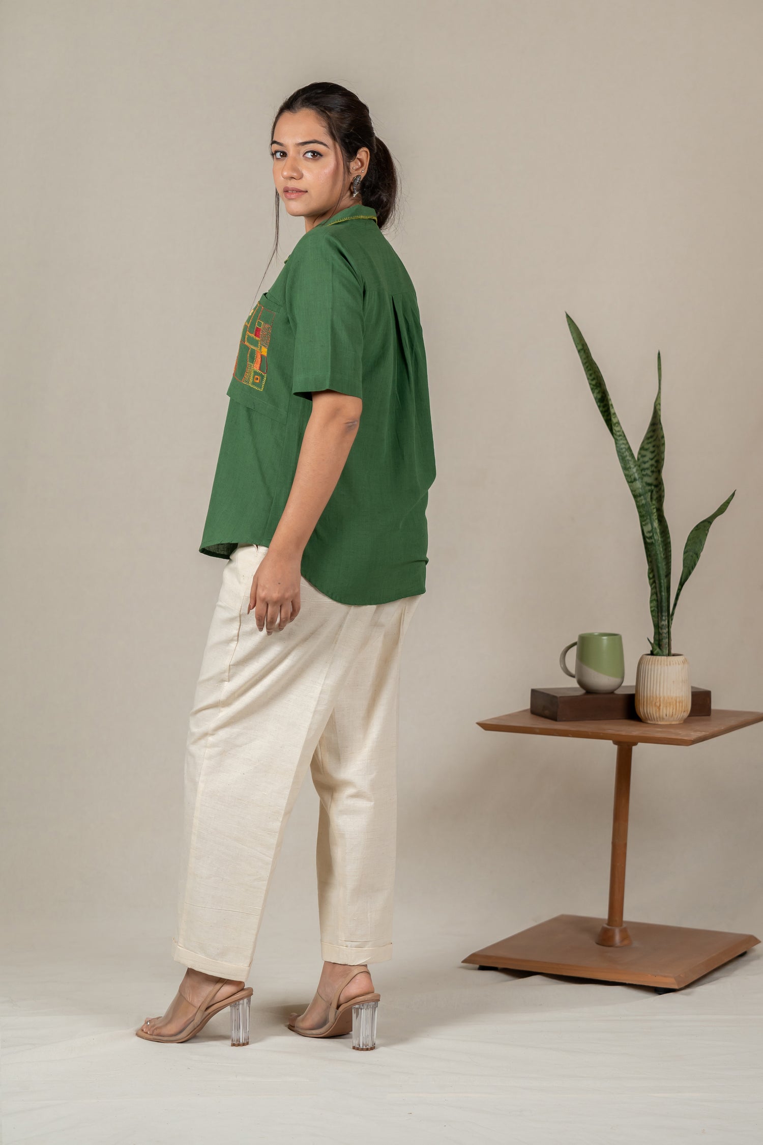 Hand Embroidered Handloom Cotton Shirt with Apple-Cut Hem in Green – Suchi