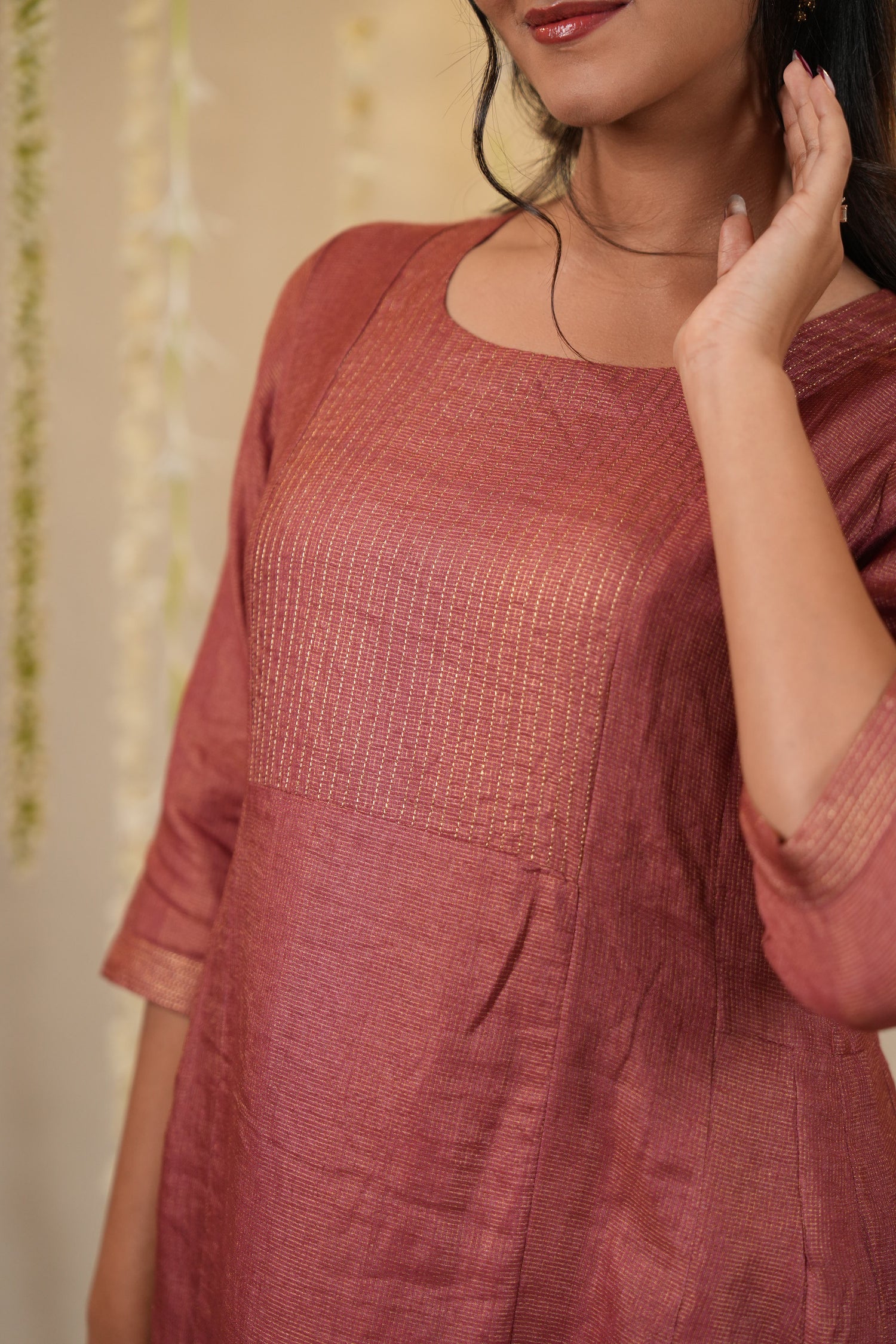 Ek Dor Rust Checked Tissue Silk Kurta Set with Dupatta - Set of Three