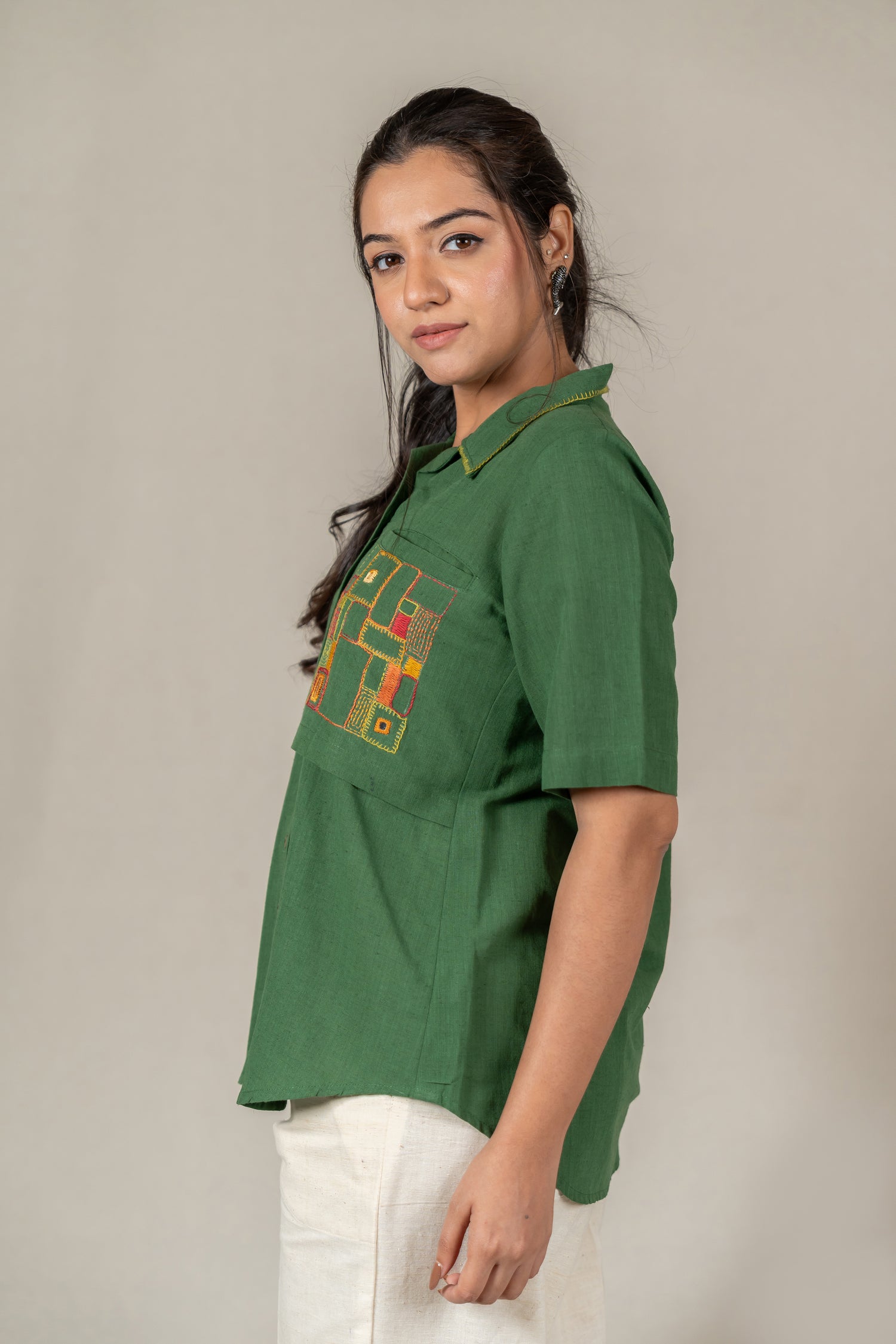 Hand Embroidered Handloom Cotton Shirt with Apple-Cut Hem in Green – Suchi